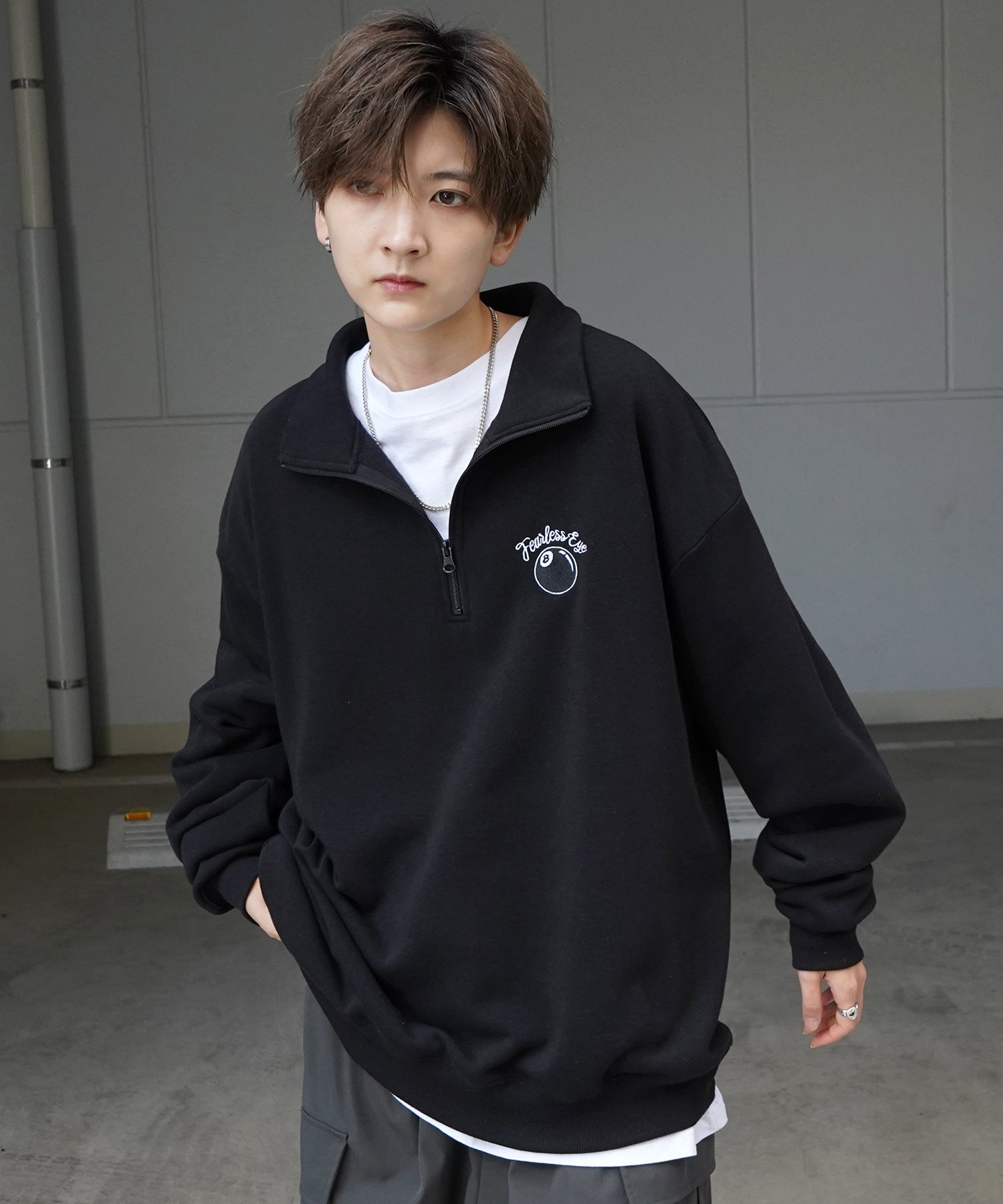 ビリヤード/ダイス ワンポイント刺繍ロゴ ビッグシルエット 裏起毛プルオーバーハーフジップスウェット