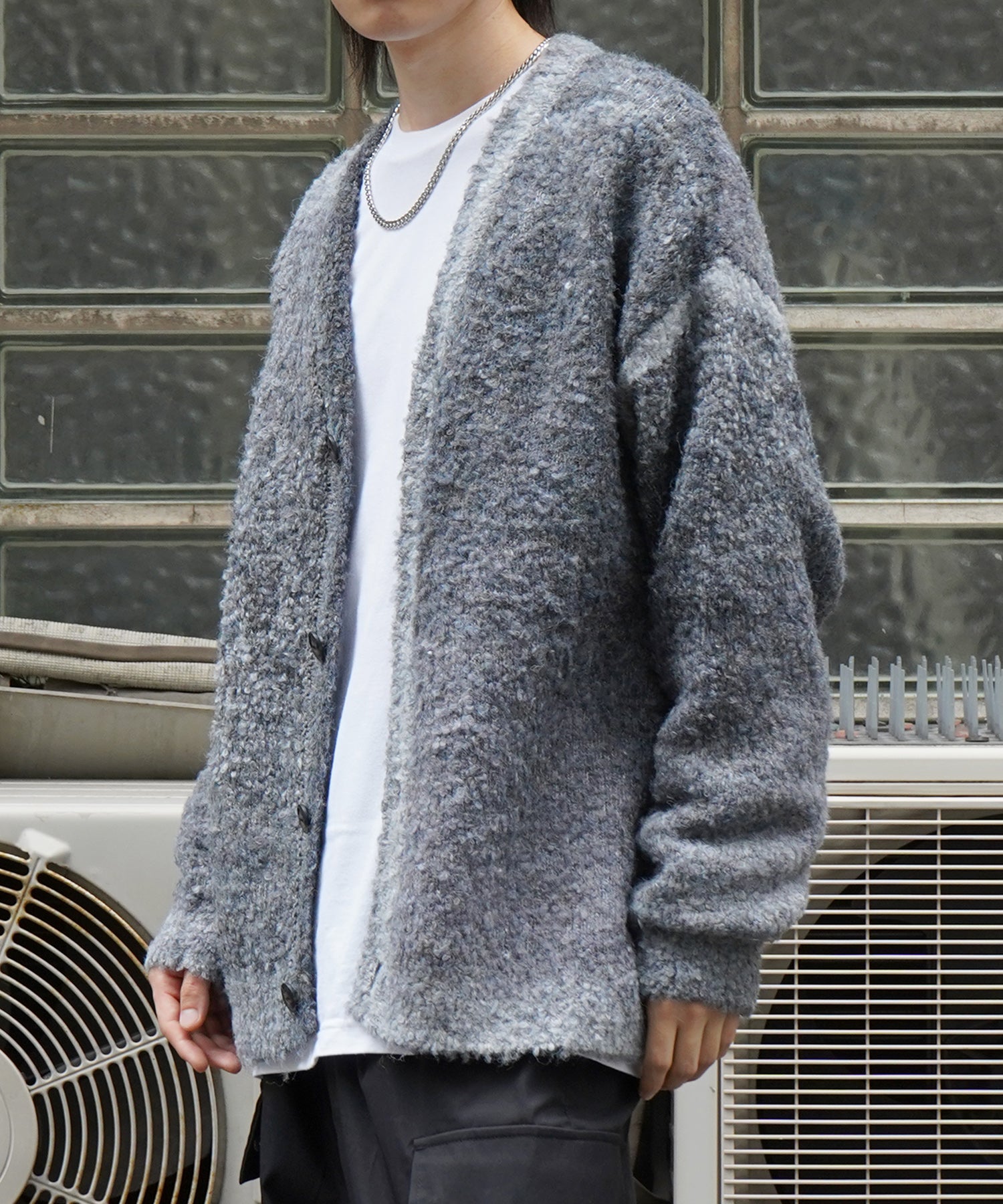 レトロライク ビッグシルエット グラデーションブークレ ボリューム ニットカーディガン