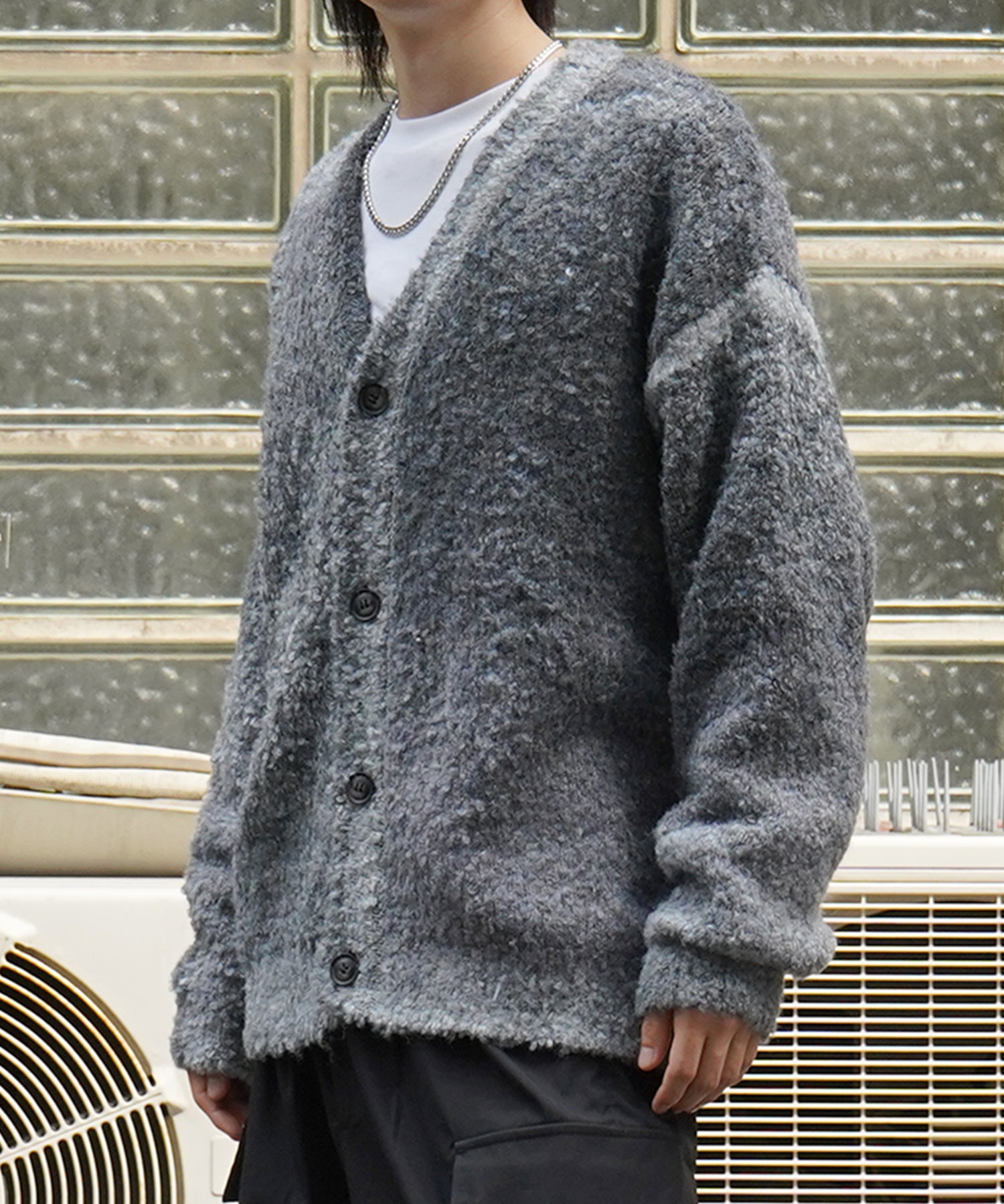 レトロライク ビッグシルエット グラデーションブークレ ボリューム ニットカーディガン