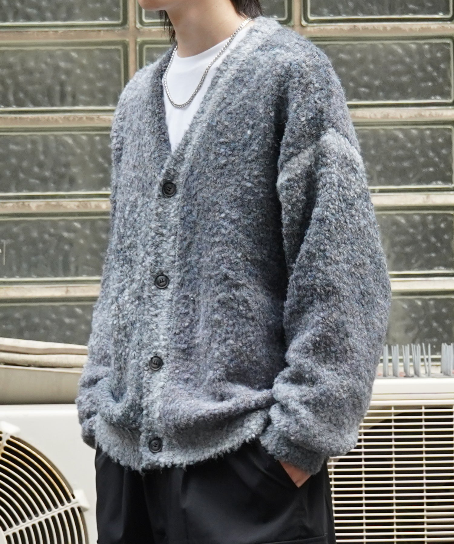 レトロライク ビッグシルエット グラデーションブークレ ボリューム ニットカーディガン