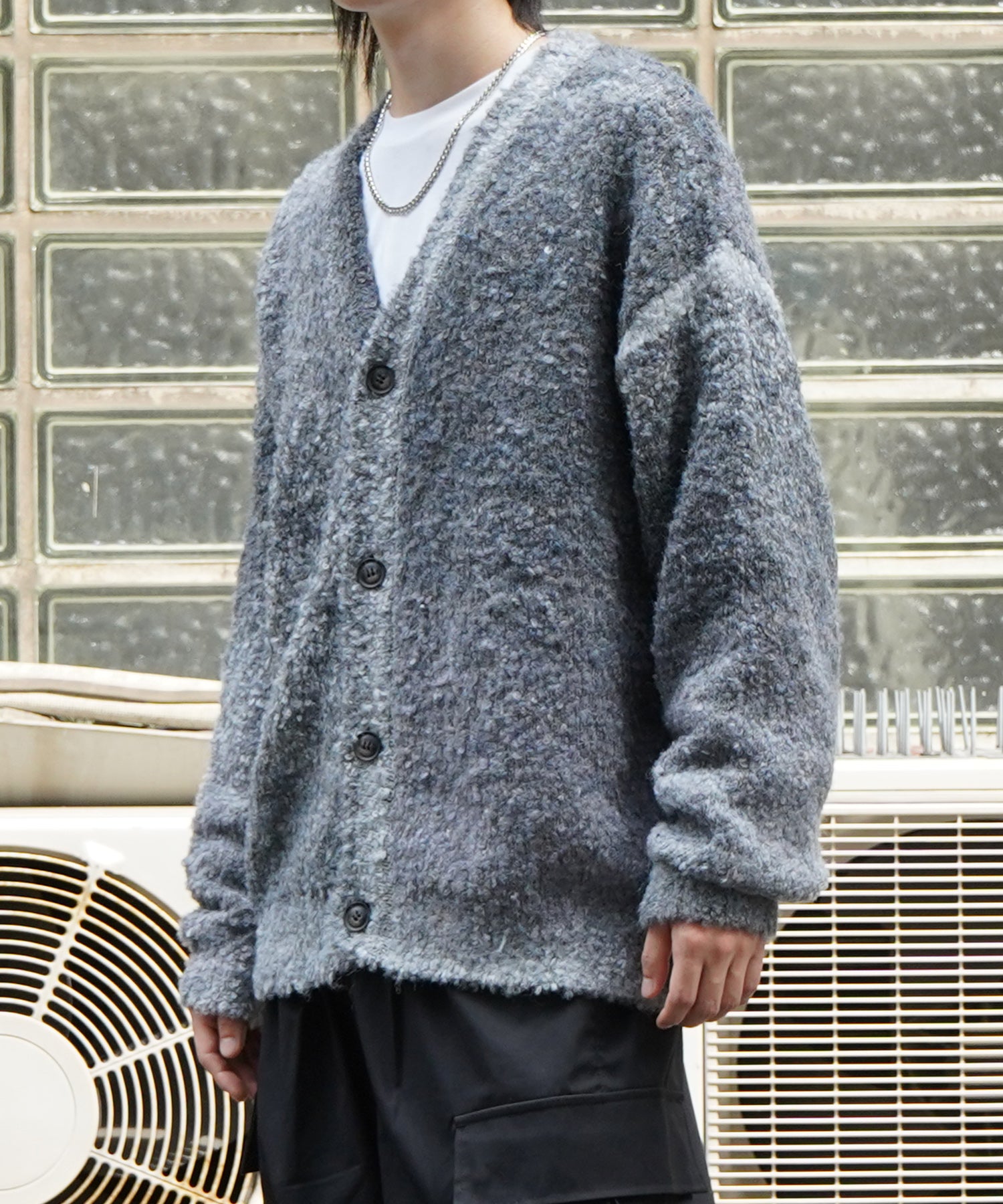 レトロライク ビッグシルエット グラデーションブークレ ボリューム ニットカーディガン