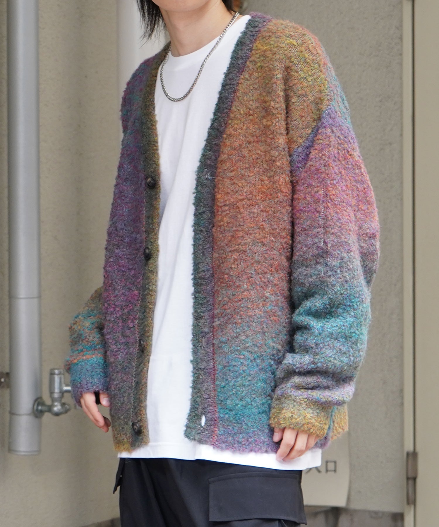 レトロライク ビッグシルエット グラデーションブークレ ボリューム ニットカーディガン