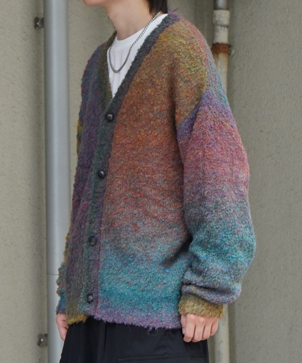 レトロライク ビッグシルエット グラデーションブークレ ボリューム ニットカーディガン