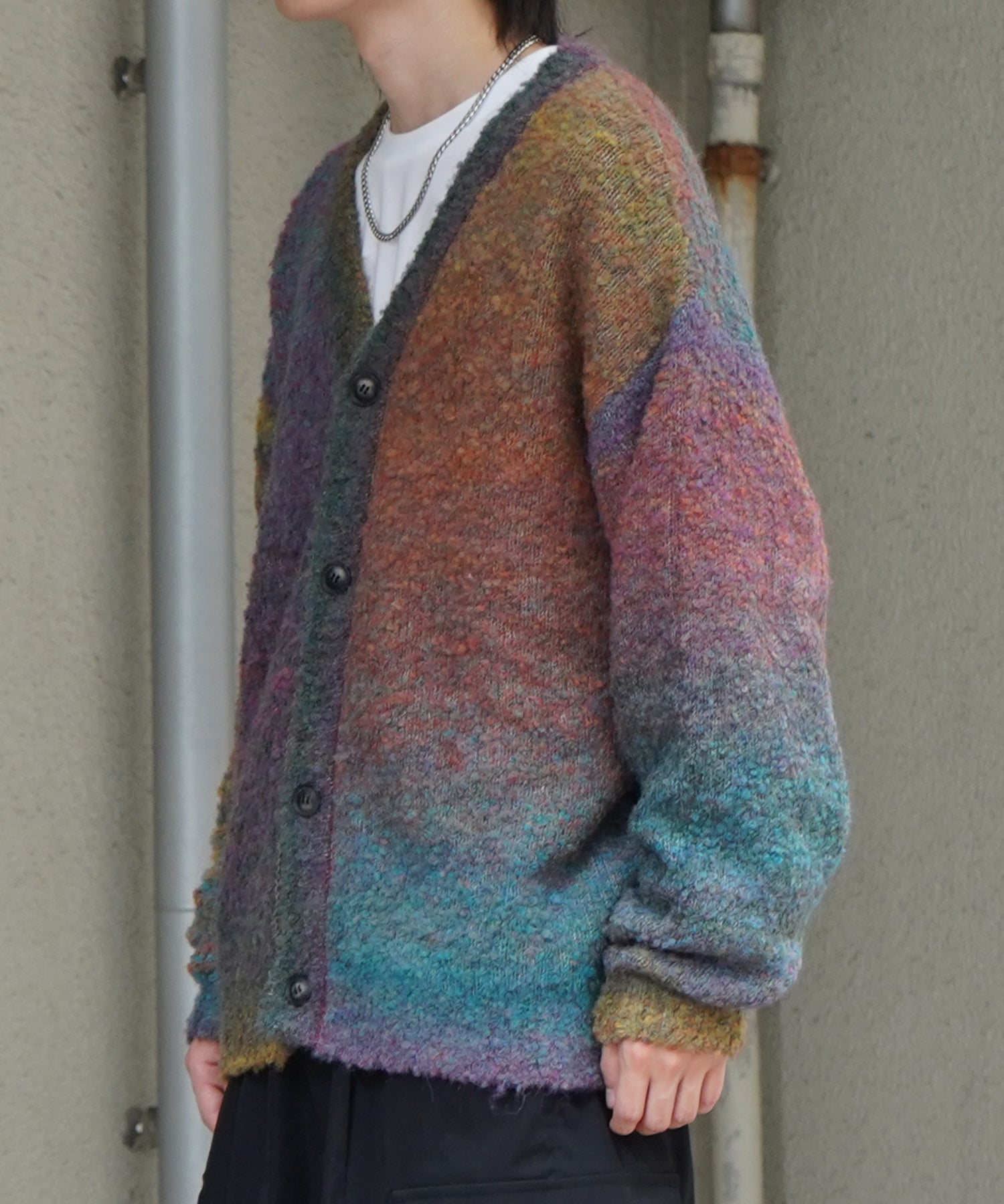 レトロライク ビッグシルエット グラデーションブークレ ボリューム ニットカーディガン