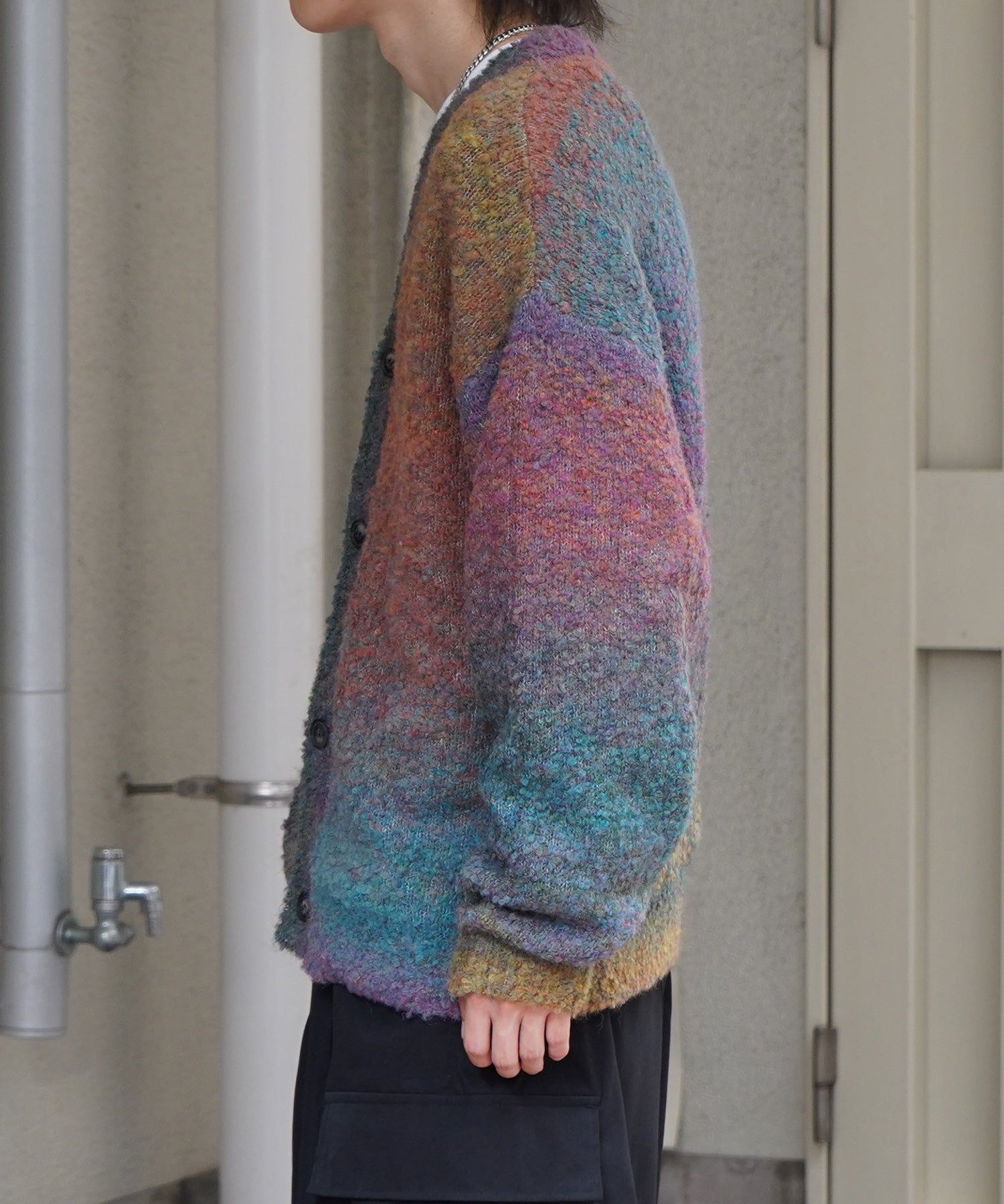 レトロライク ビッグシルエット グラデーションブークレ ボリューム ニットカーディガン