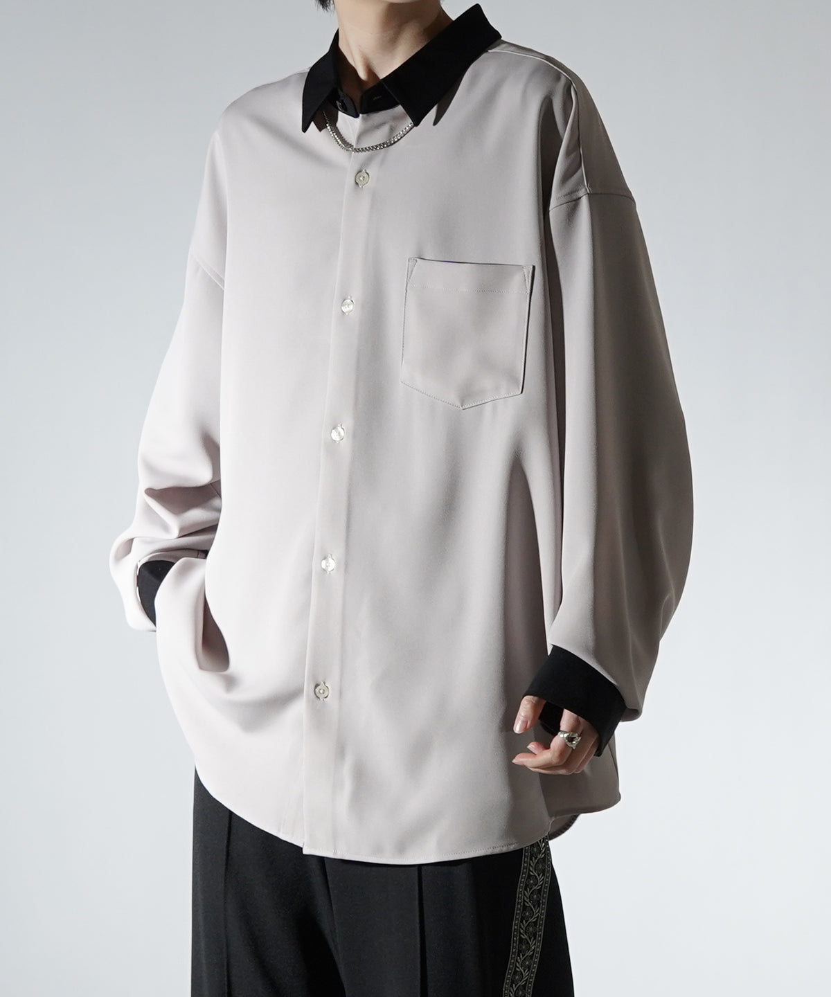 24SS 襟配色クレリック ドレープとろみ ビッグシルエット長袖シャツ