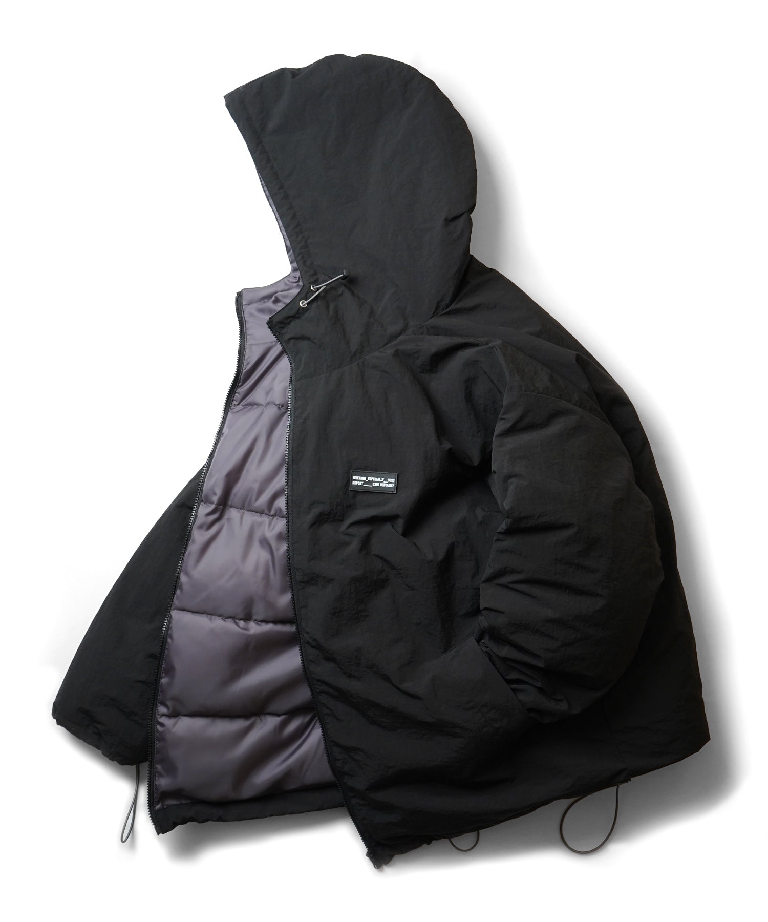 ビッグシルエット ラバーワンポイントロゴ ナイロン エコダウンジャケットフーディー
