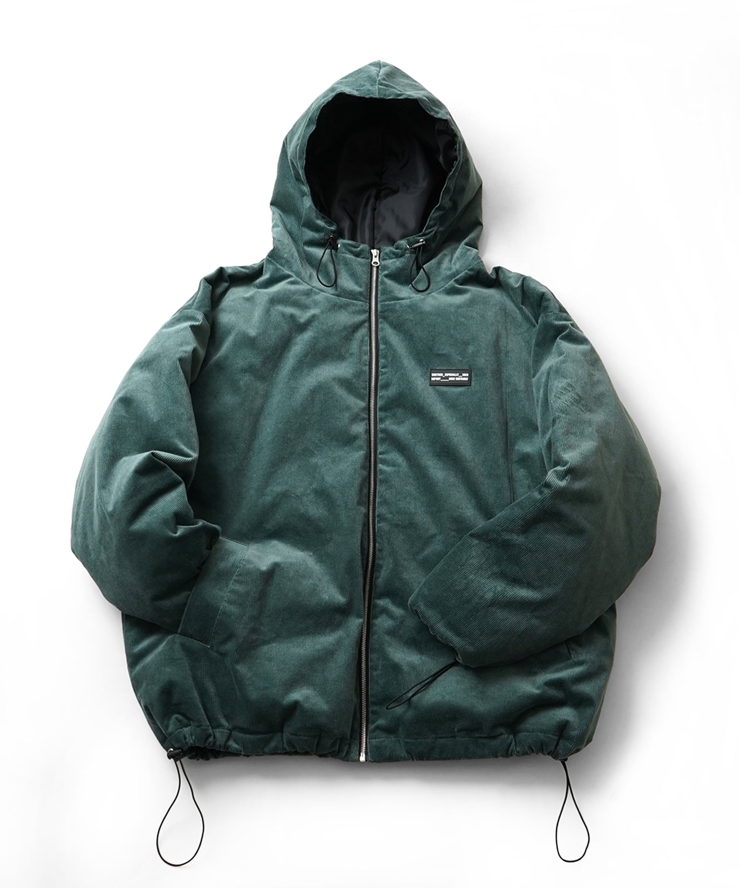 ビッグシルエット ラバーワンポイントロゴ コーデュロイ エコダウンジャケットフーディー