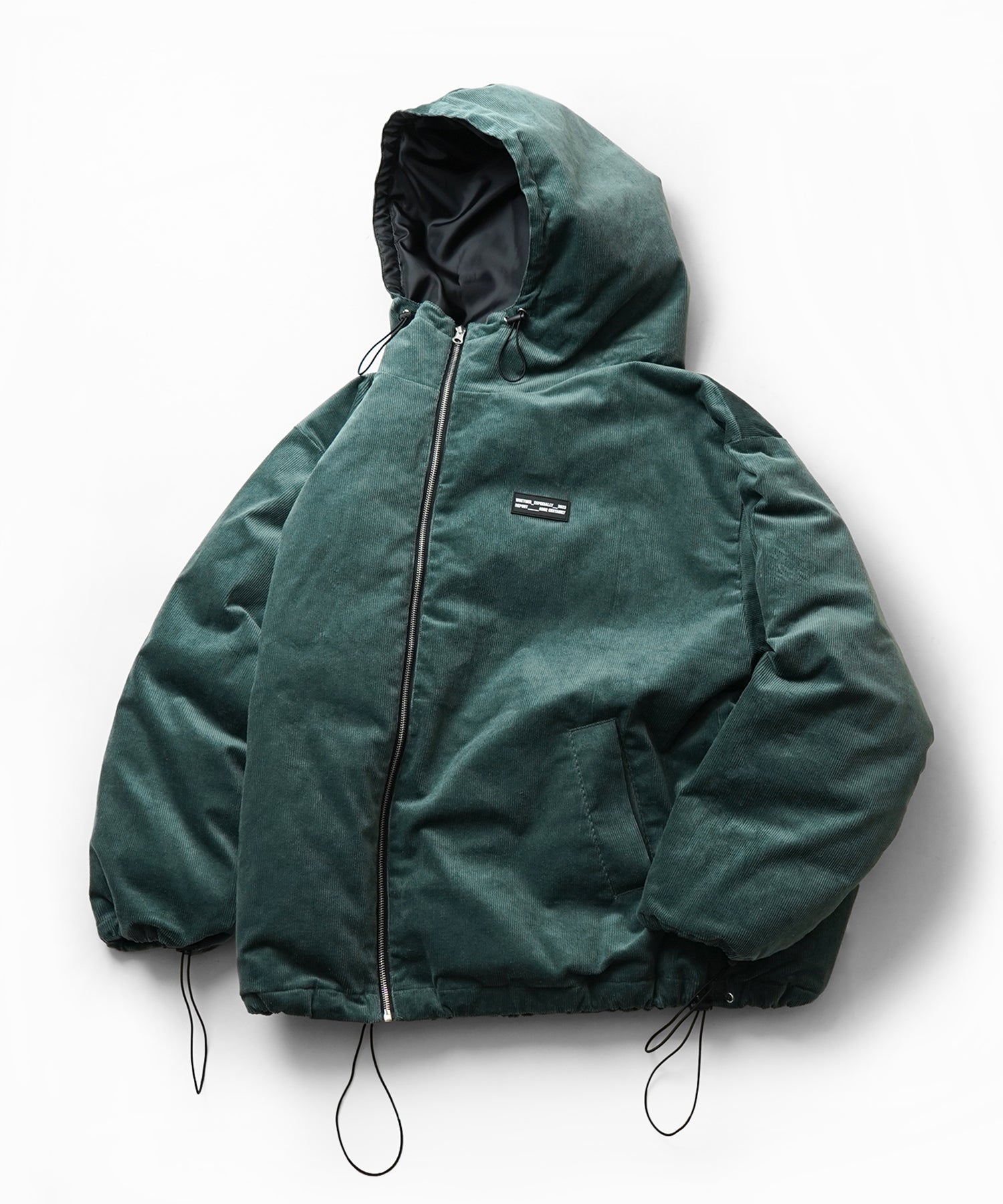 ビッグシルエット ラバーワンポイントロゴ コーデュロイ エコダウンジャケットフーディー