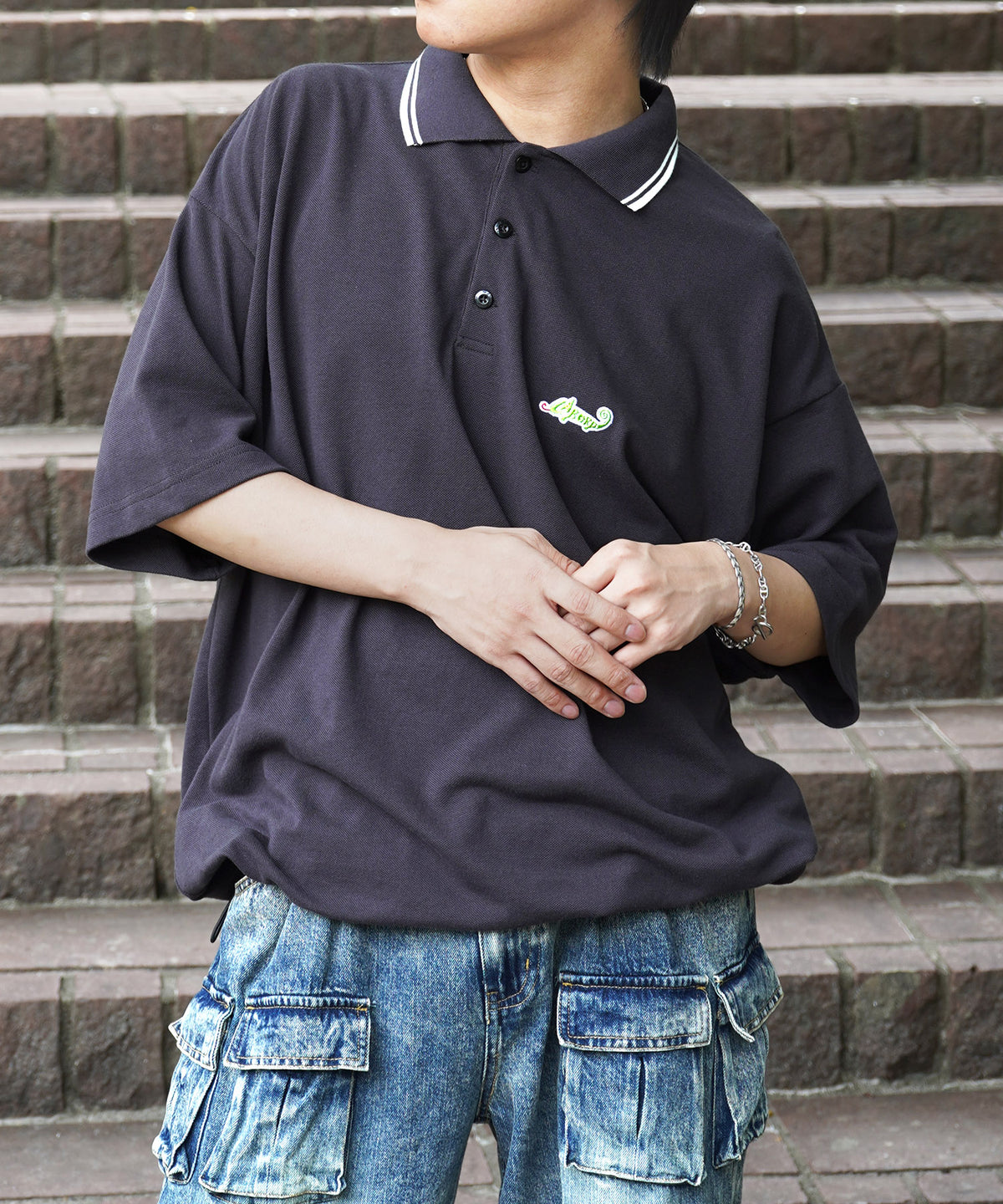 25SS【Labordi / ラボード】ビッグシルエット ワンポイント刺繍 ドローコード 半袖切替ポロシャツ