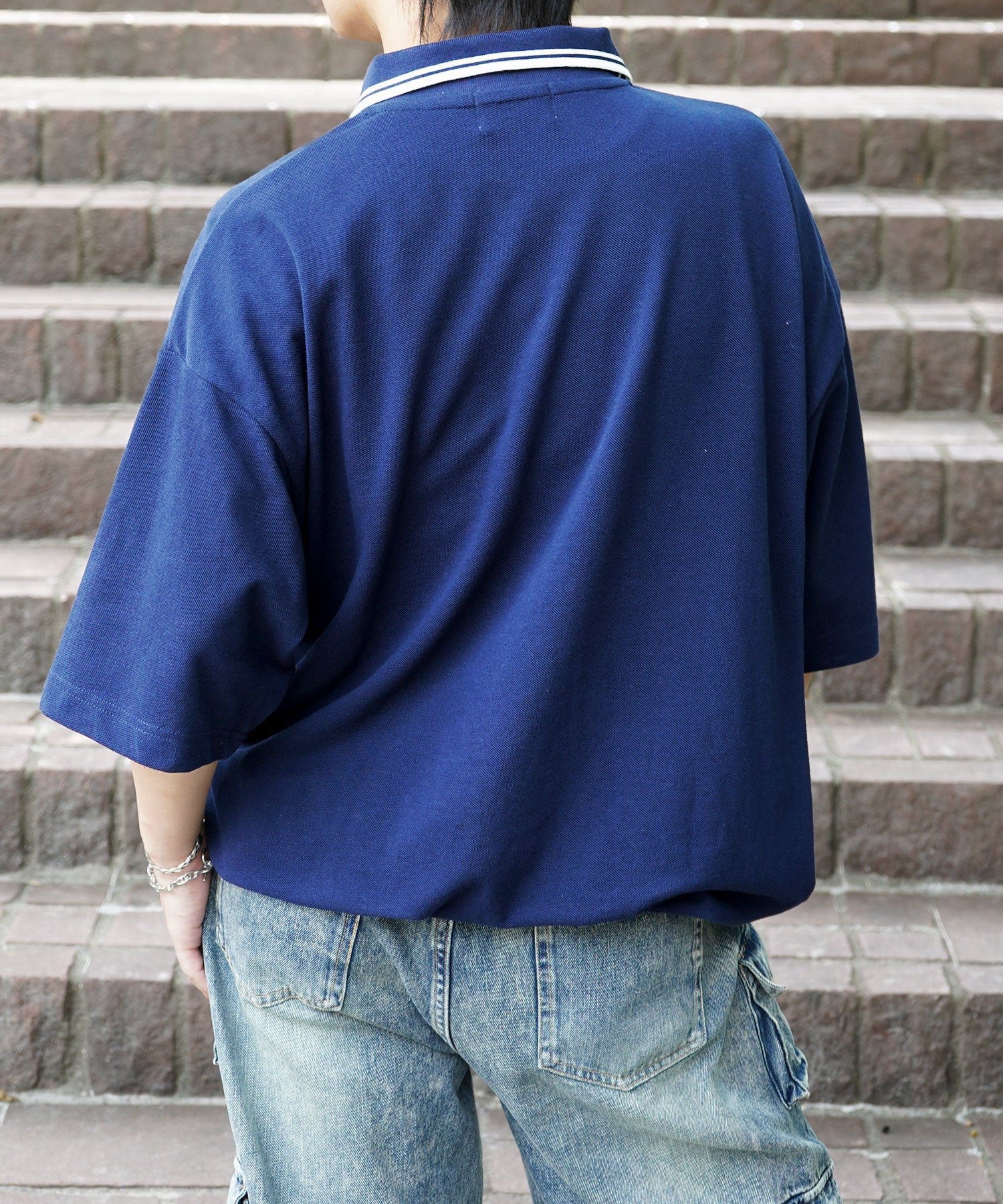 25SS【Labordi / ラボード】ビッグシルエット ワンポイント刺繍 ドローコード 半袖切替ポロシャツ
