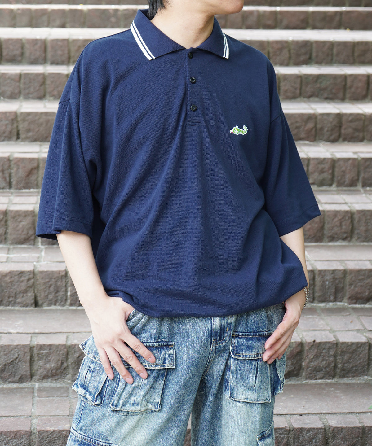 25SS【Labordi / ラボード】ビッグシルエット ワンポイント刺繍 ドローコード 半袖切替ポロシャツ