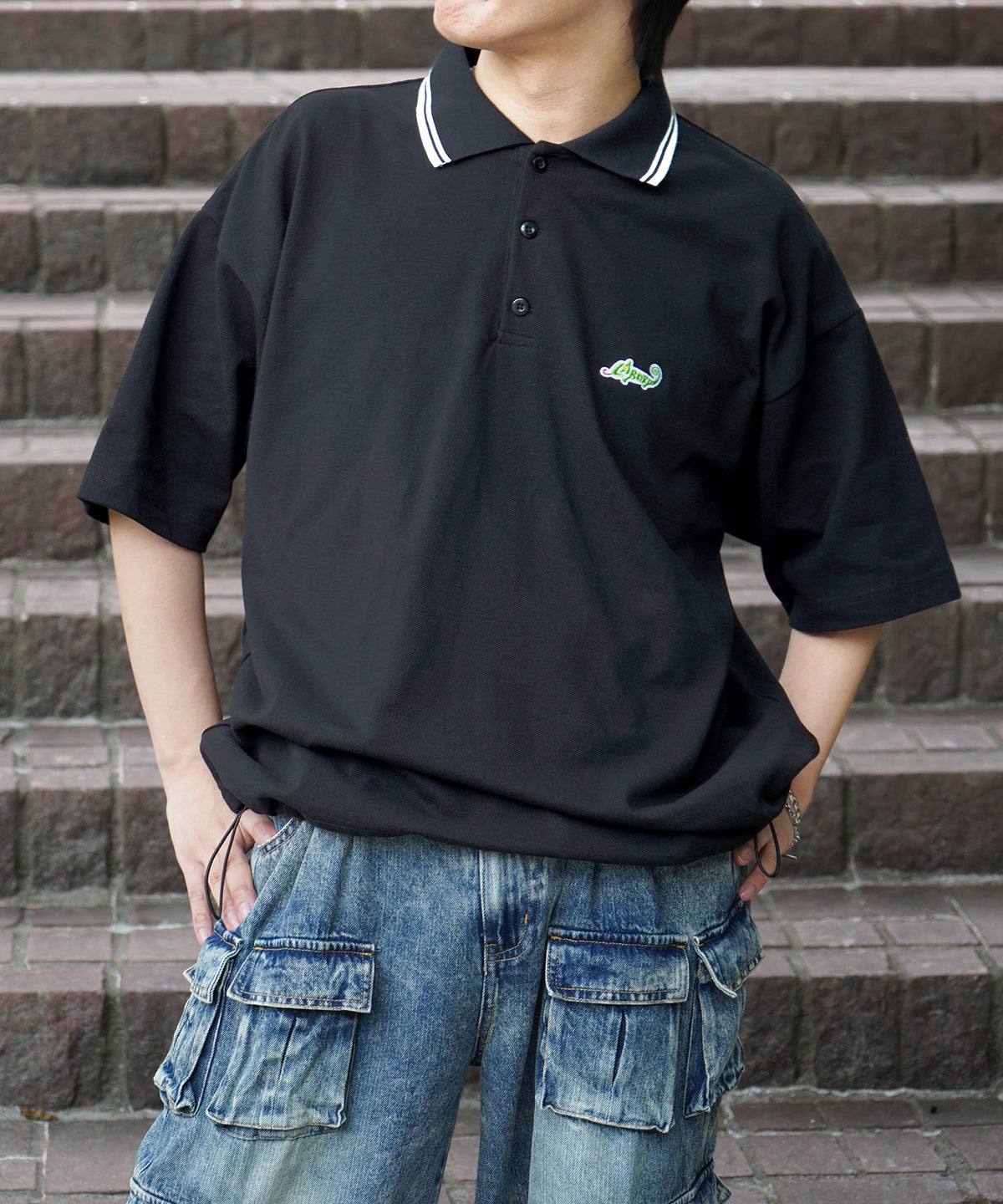 25SS【Labordi / ラボード】ビッグシルエット ワンポイント刺繍 ドローコード 半袖切替ポロシャツ