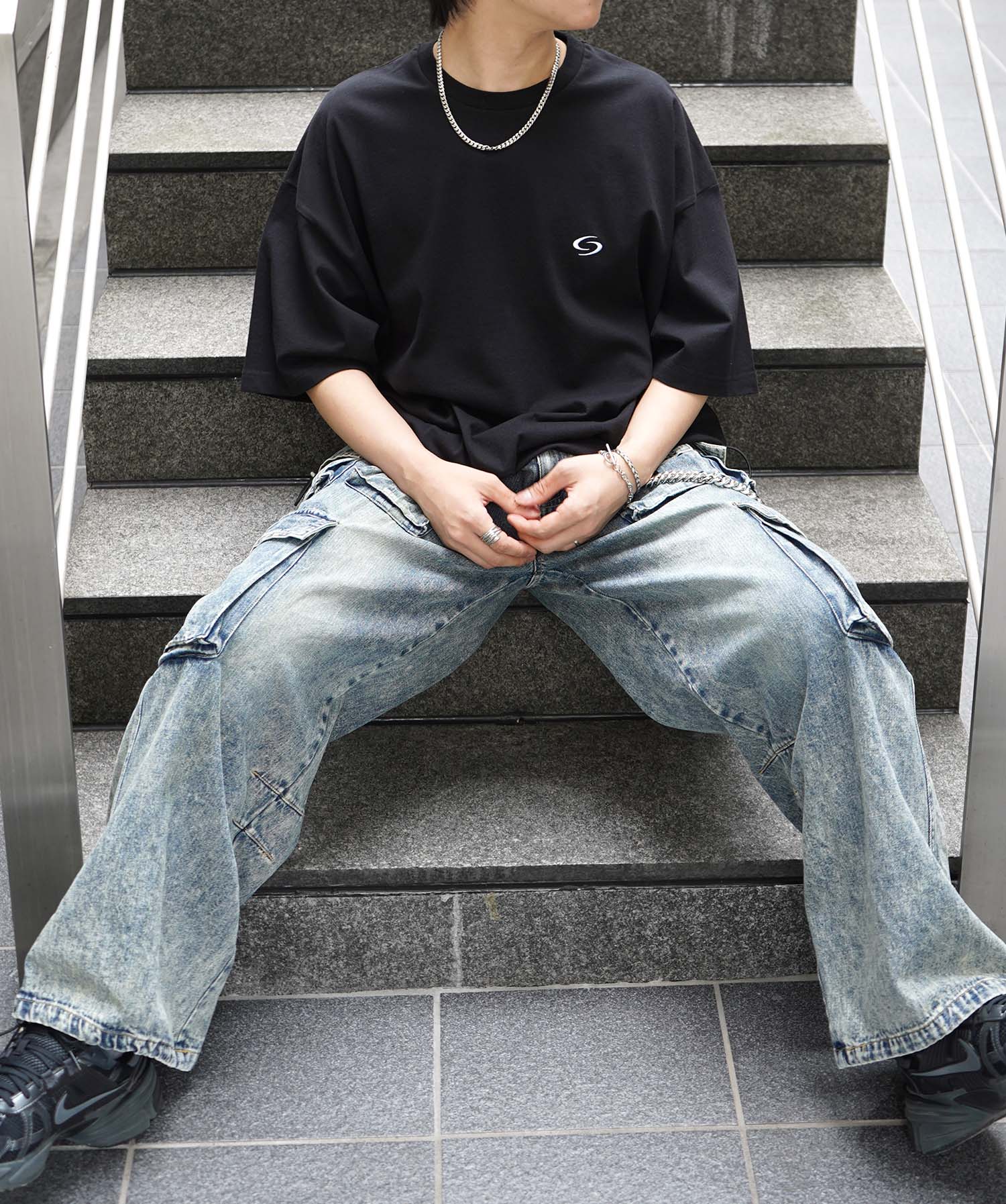 25SS ビッグシルエット ワンポイント刺繍 裾ドローコード Tシャツ