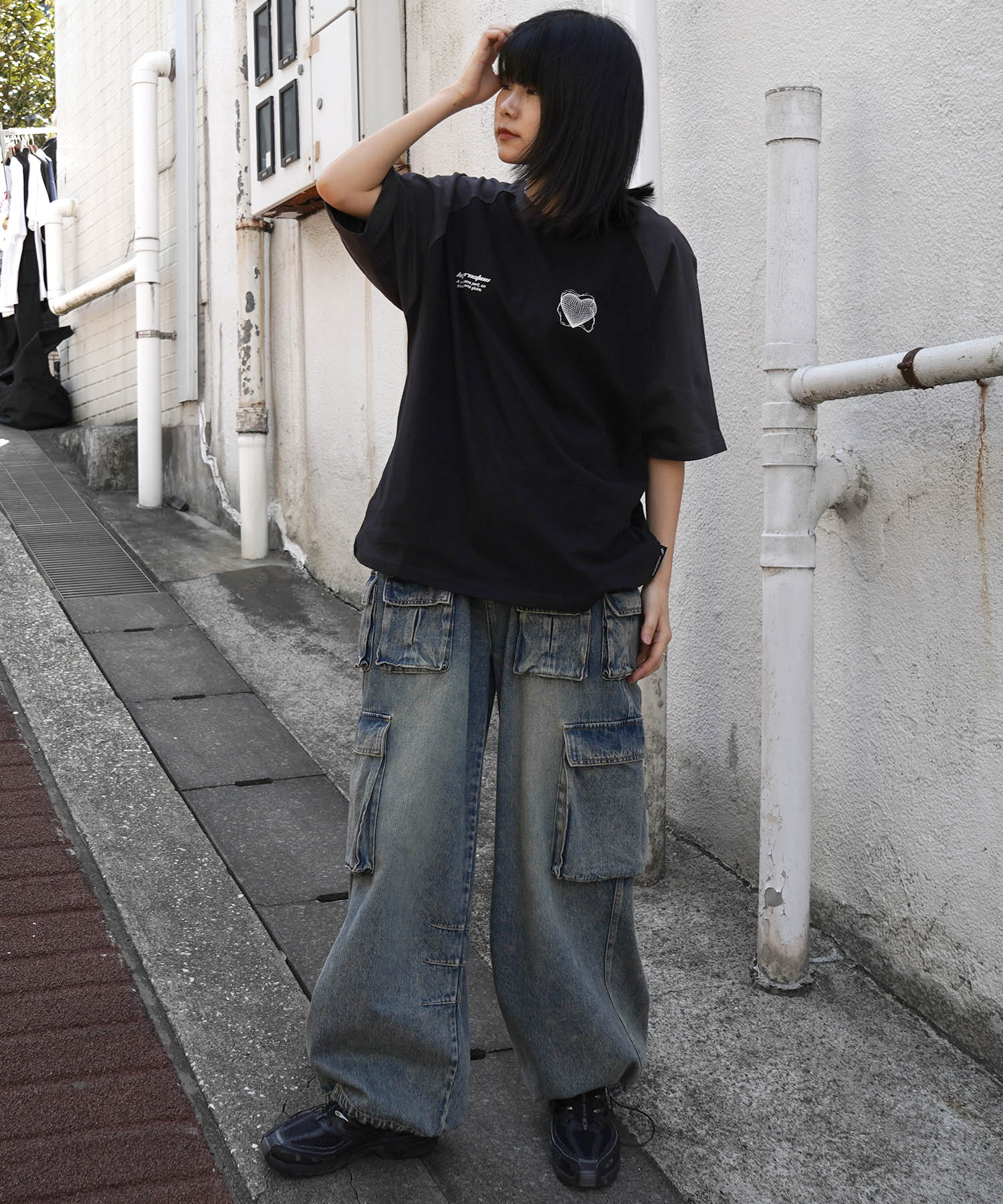 25SS 韓国ストリート ハート グランジロゴ Y2K ビッグシルエット半袖Tシャツ