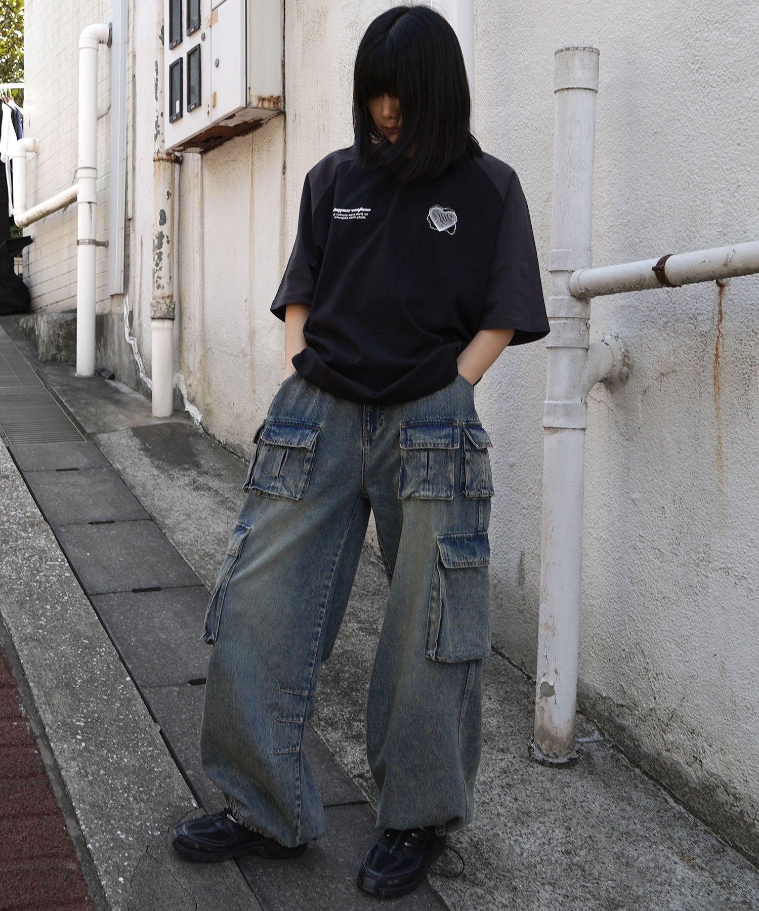 25SS 韓国ストリート ハート グランジロゴ Y2K ビッグシルエット半袖Tシャツ