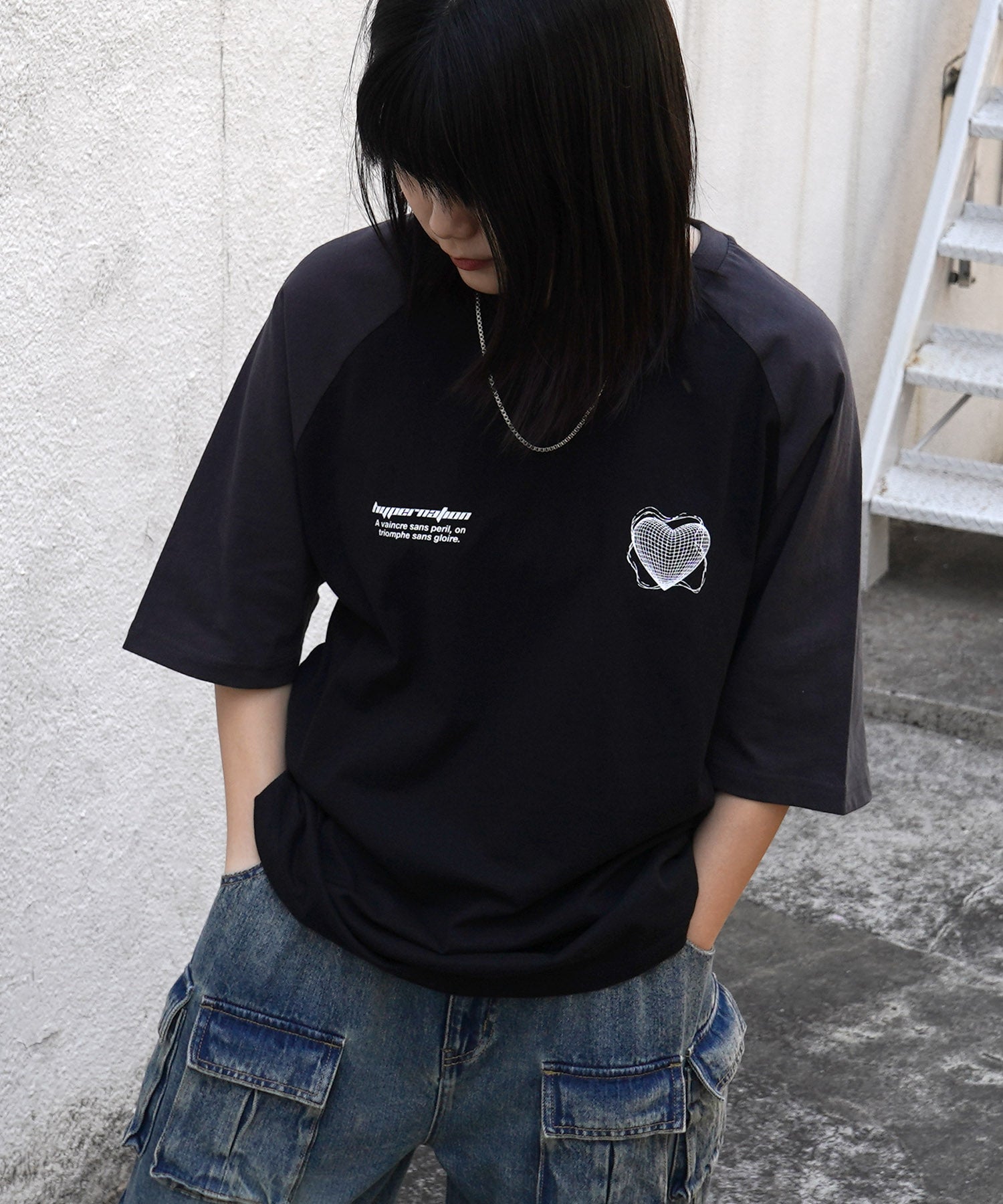 25SS 韓国ストリート ハート グランジロゴ Y2K ビッグシルエット半袖Tシャツ