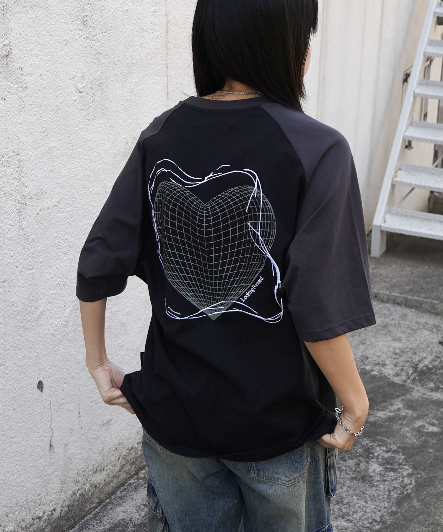 25SS 韓国ストリート ハート グランジロゴ Y2K ビッグシルエット半袖Tシャツ