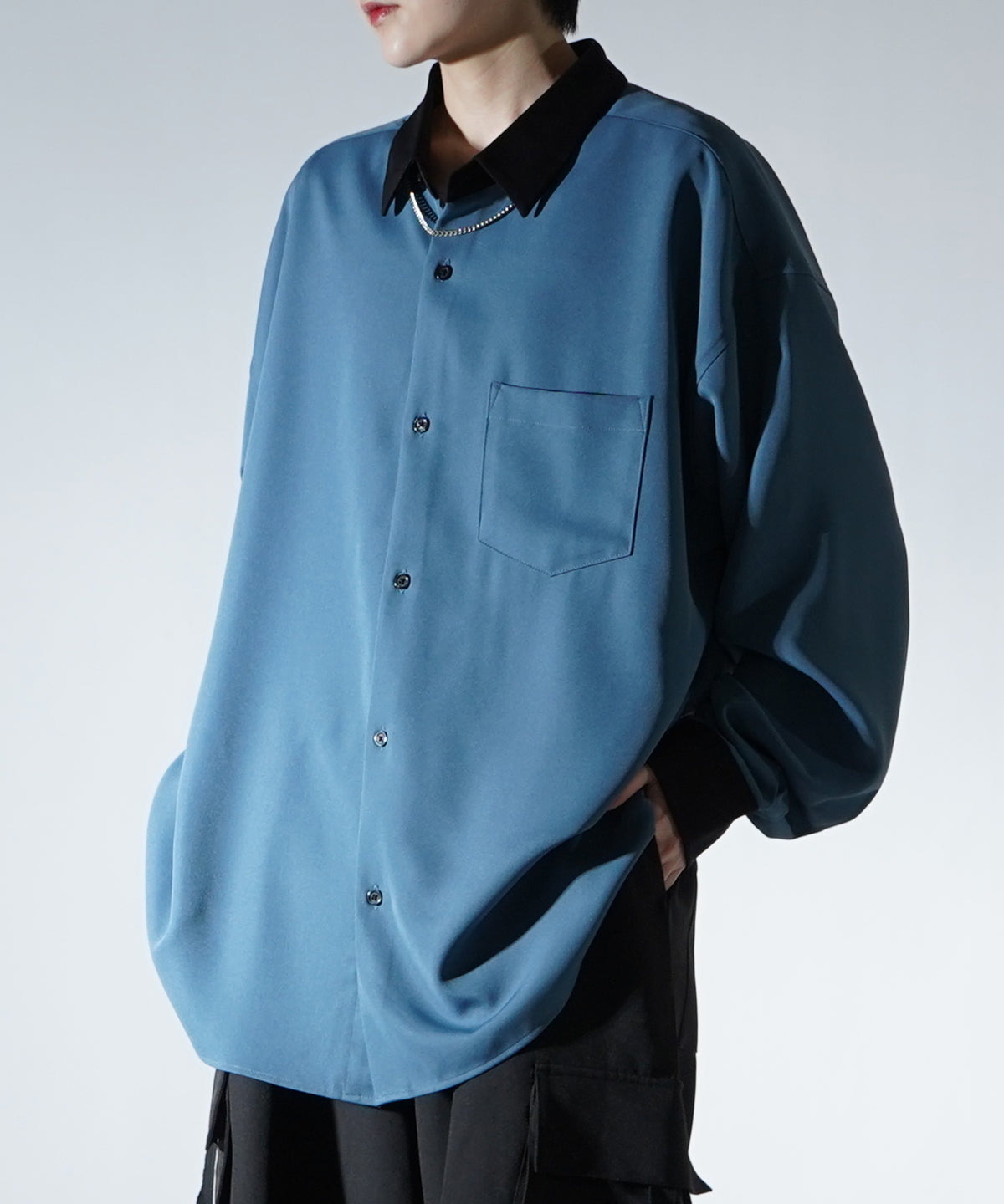 24SS 襟配色クレリック ドレープとろみ ビッグシルエット長袖シャツ