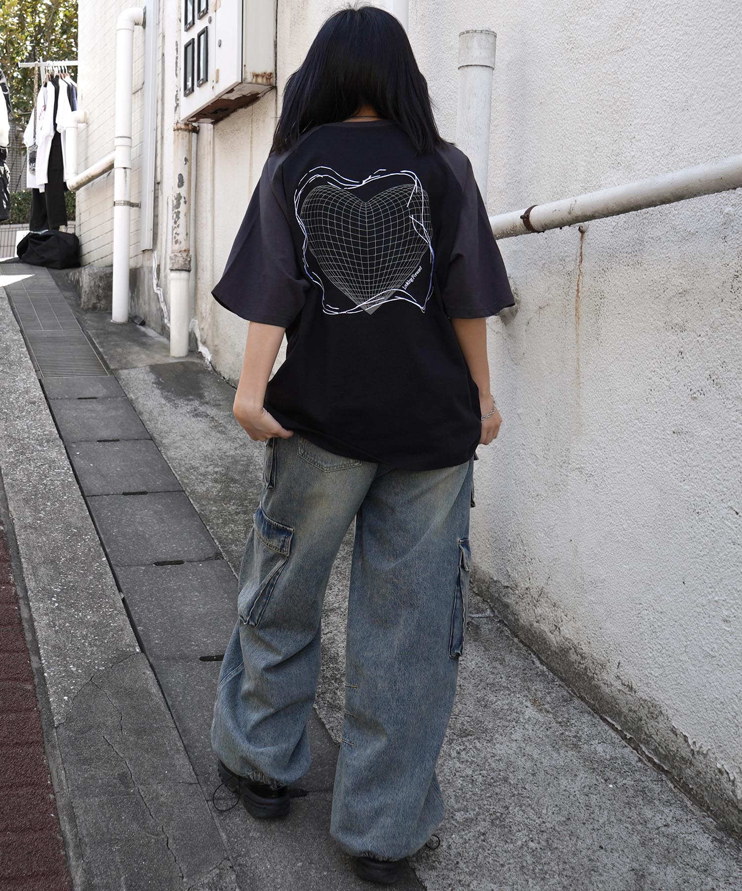 25SS 韓国ストリート ハート グランジロゴ Y2K ビッグシルエット半袖Tシャツ