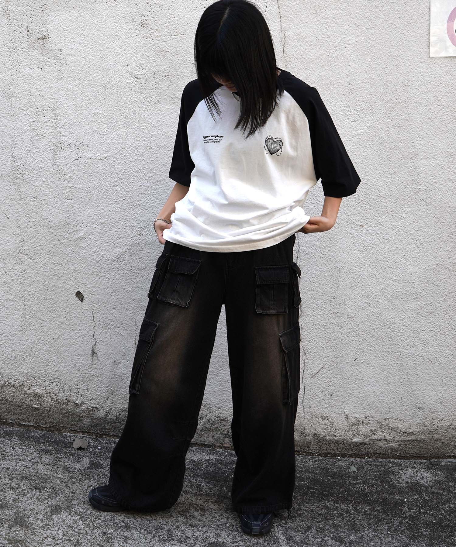 25SS 韓国ストリート ハート グランジロゴ Y2K ビッグシルエット半袖Tシャツ