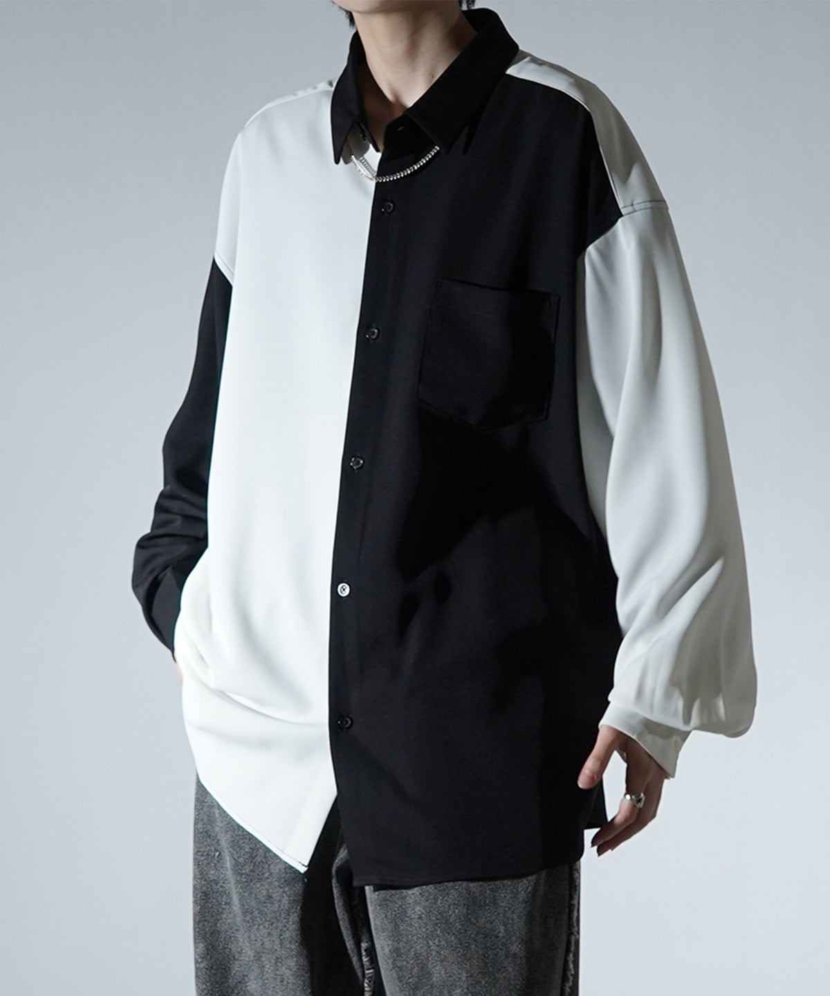 24SS 襟配色クレリック ドレープとろみ ビッグシルエット長袖シャツ