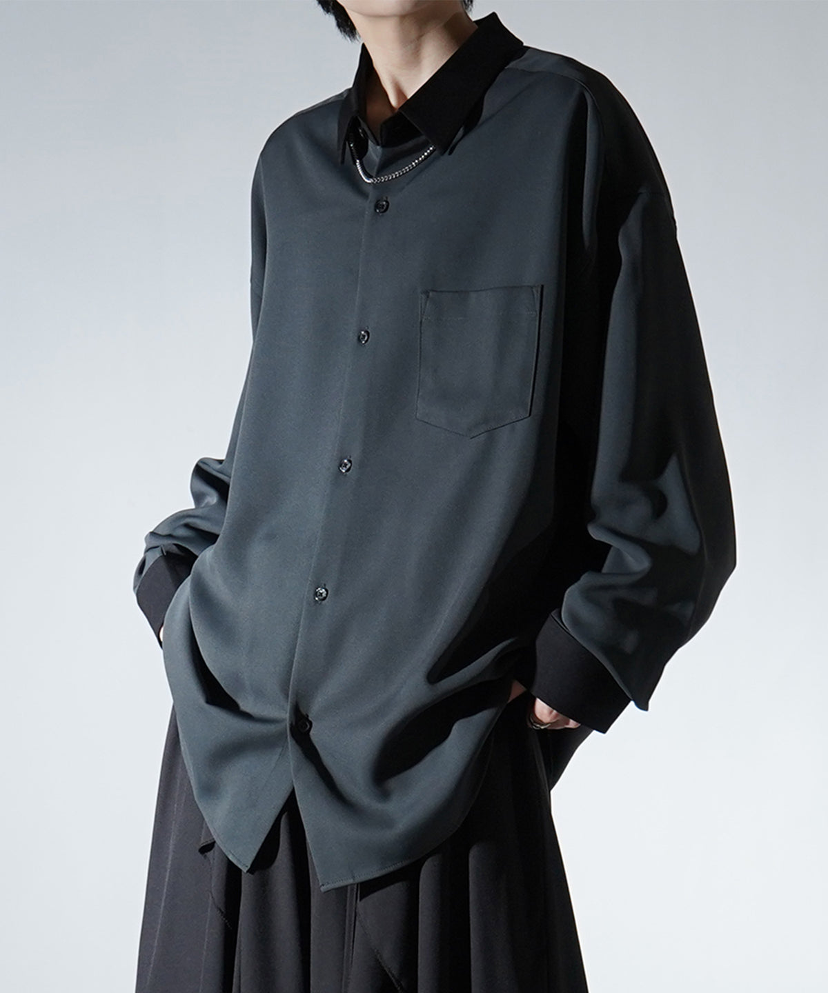 24SS 襟配色クレリック ドレープとろみ ビッグシルエット長袖シャツ