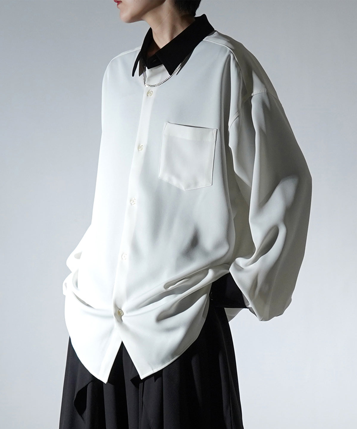 24SS 襟配色クレリック ドレープとろみ ビッグシルエット長袖シャツ