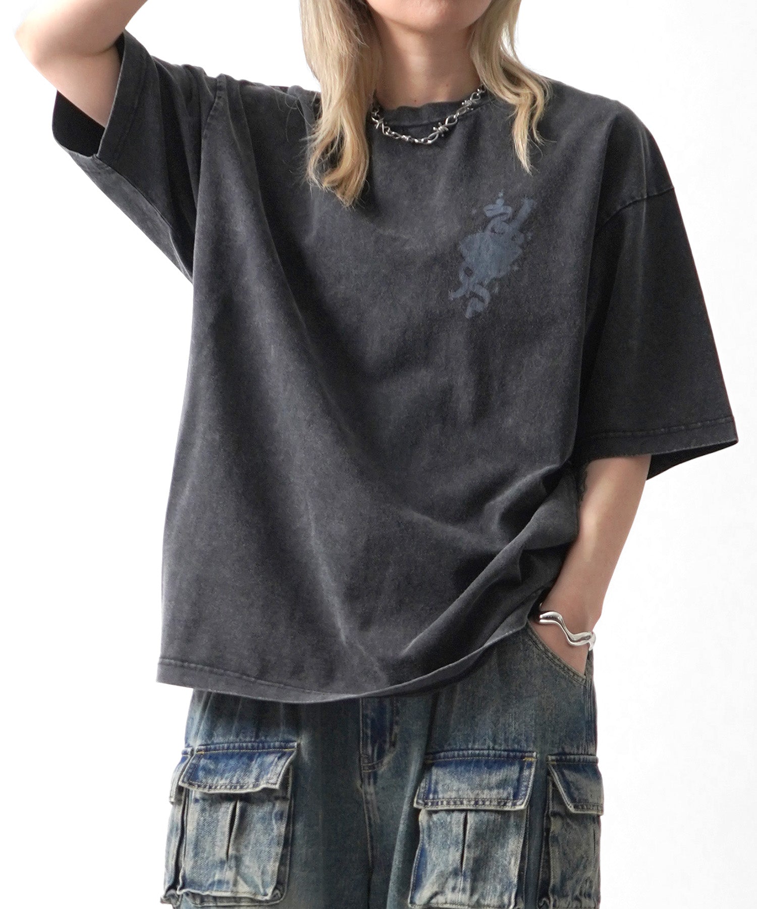 25SS ハードウォッシュ加工 バックプリント ボックスシルエット 半袖Tシャツ