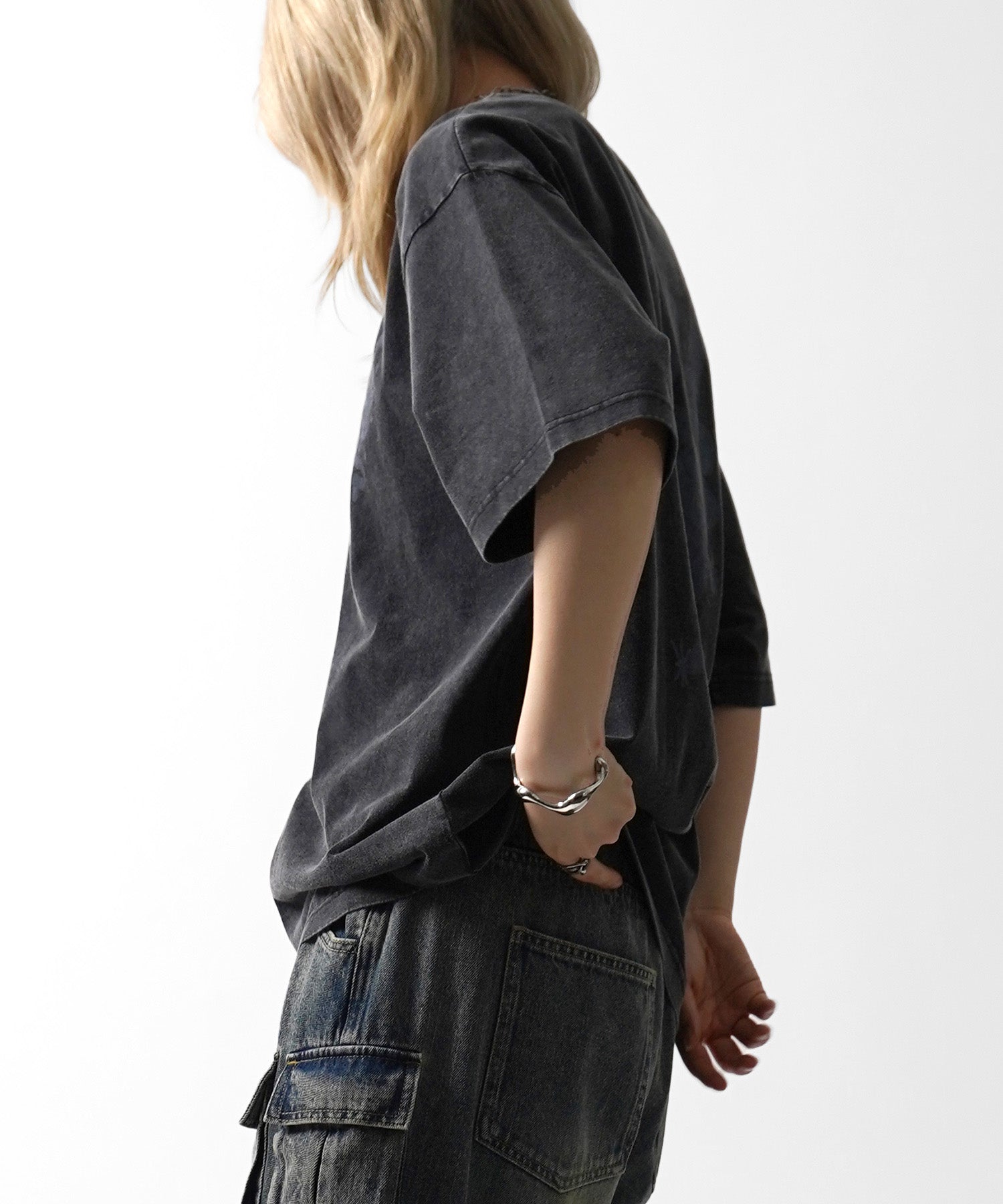 25SS ハードウォッシュ加工 バックプリント ボックスシルエット 半袖Tシャツ