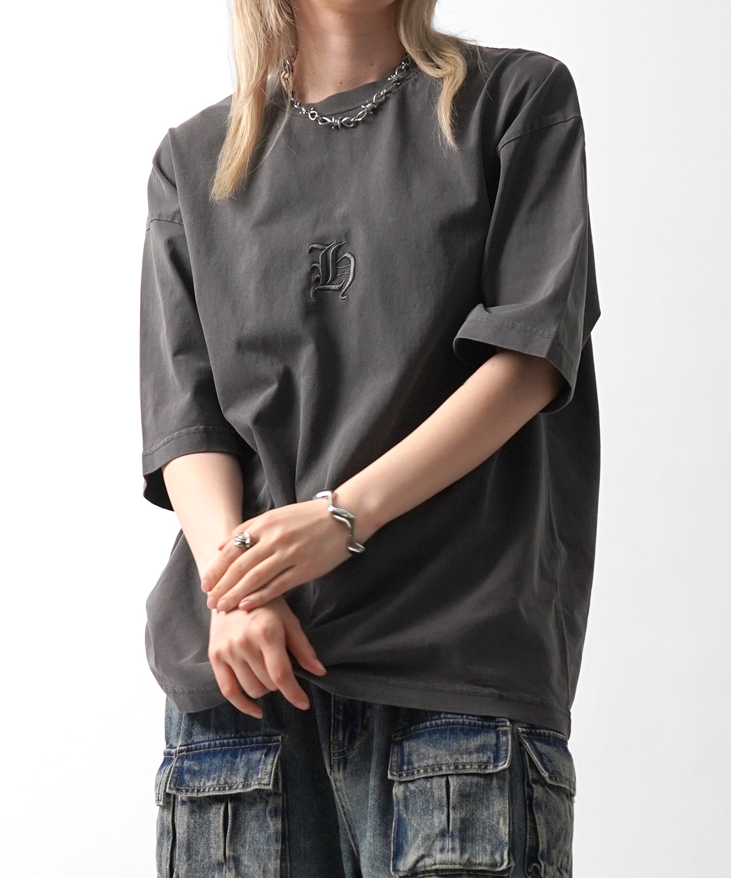 25SS ハードウォッシュ加工 ワンポイント刺繍 ボックスシルエット 半袖Tシャツ
