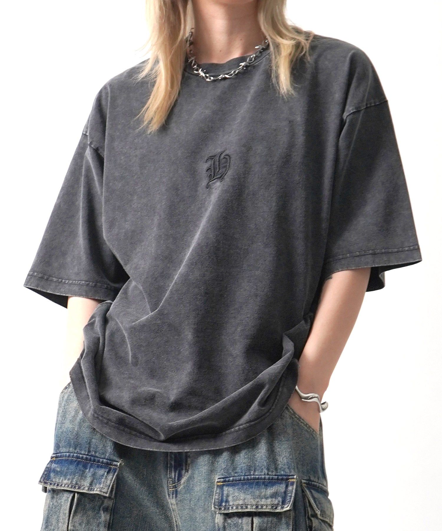 25SS ハードウォッシュ加工 ワンポイント刺繍 ボックスシルエット 半袖Tシャツ