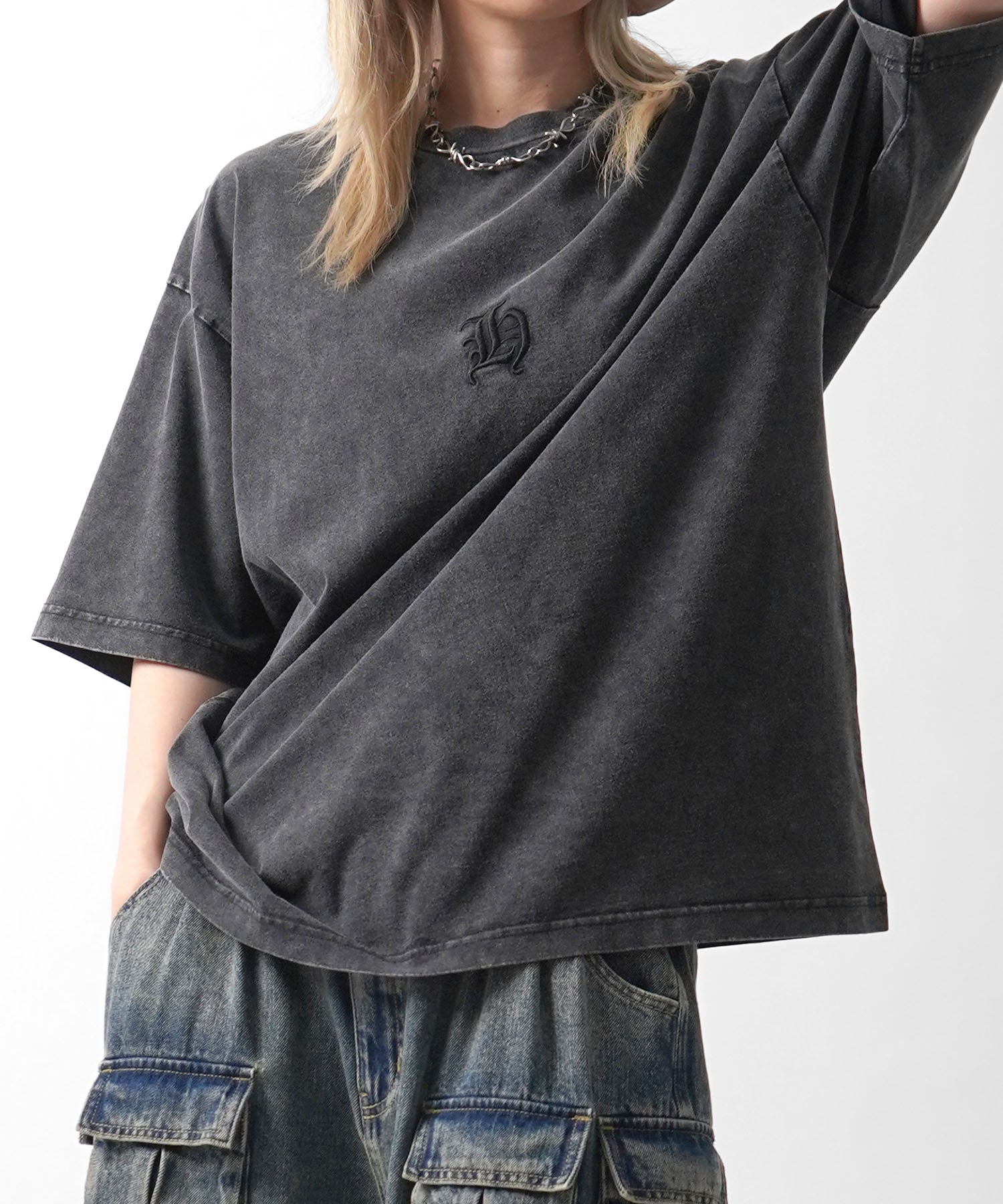 25SS ハードウォッシュ加工 ワンポイント刺繍 ボックスシルエット 半袖Tシャツ