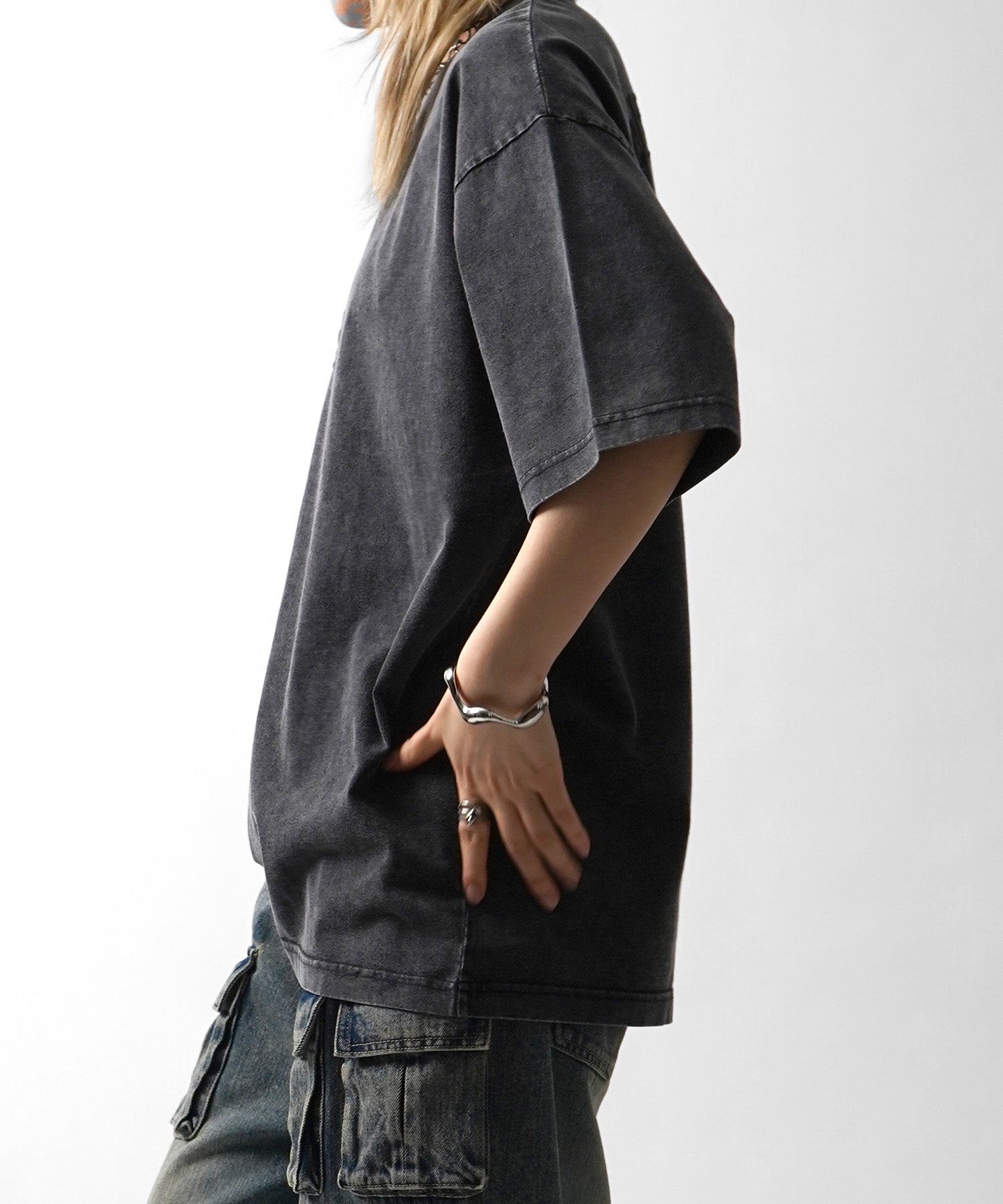 25SS ハードウォッシュ加工 ワンポイント刺繍 ボックスシルエット 半袖Tシャツ