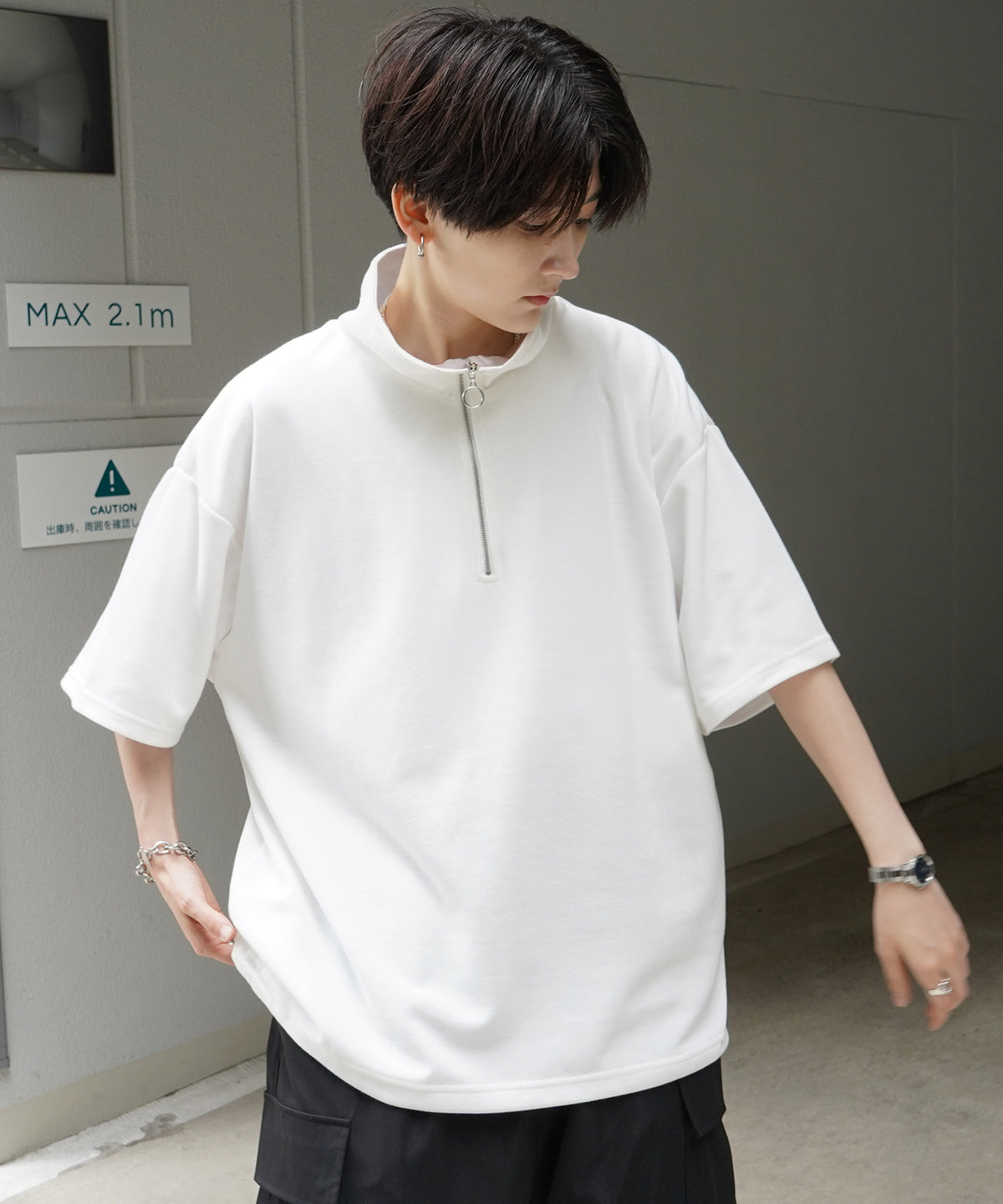 25SS ナチュラルドレープ とろみポンチ ルーズシルエット ドロスト ハーフジップ半袖Tシャツ