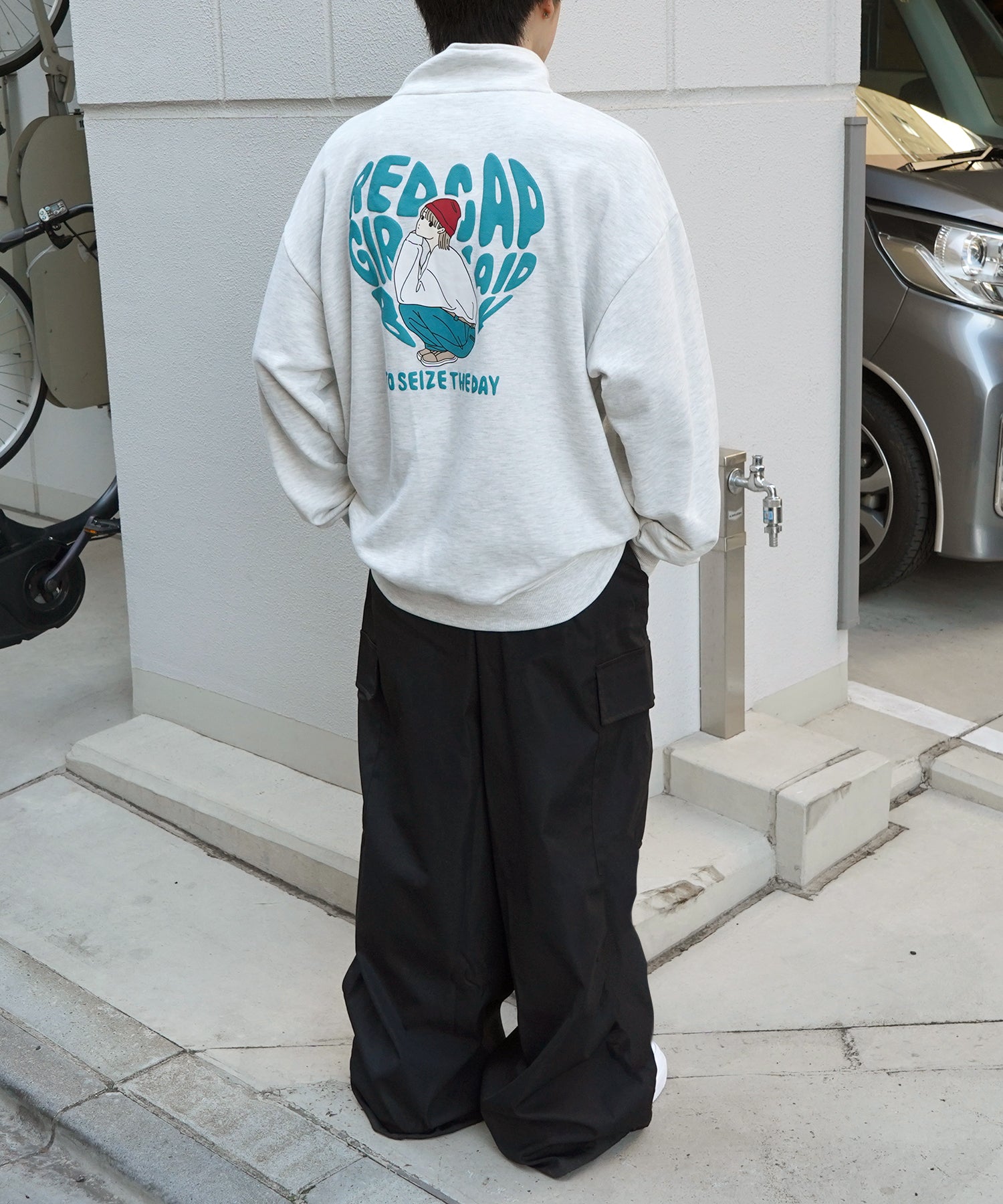 【RED CAP GIRL】24SS ビッグシルエット バックプリント ハーフジッププルオーバースウェット