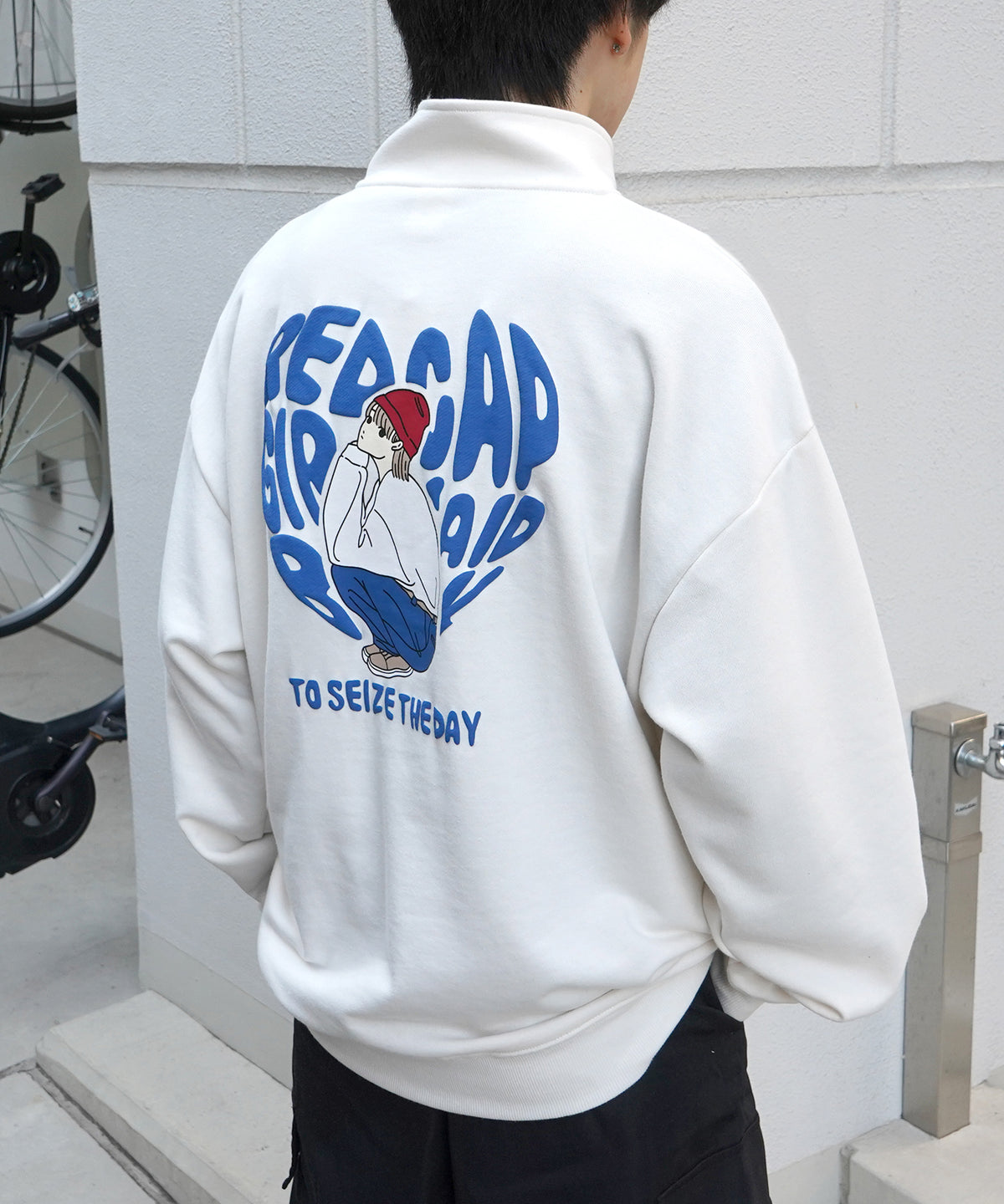 【RED CAP GIRL】24SS ビッグシルエット バックプリント ハーフジッププルオーバースウェット