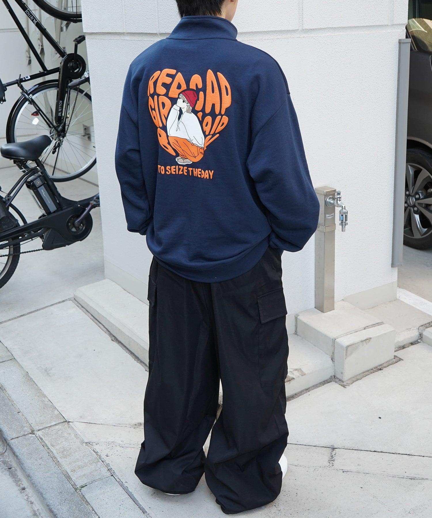 【RED CAP GIRL】24SS ビッグシルエット バックプリント ハーフジッププルオーバースウェット