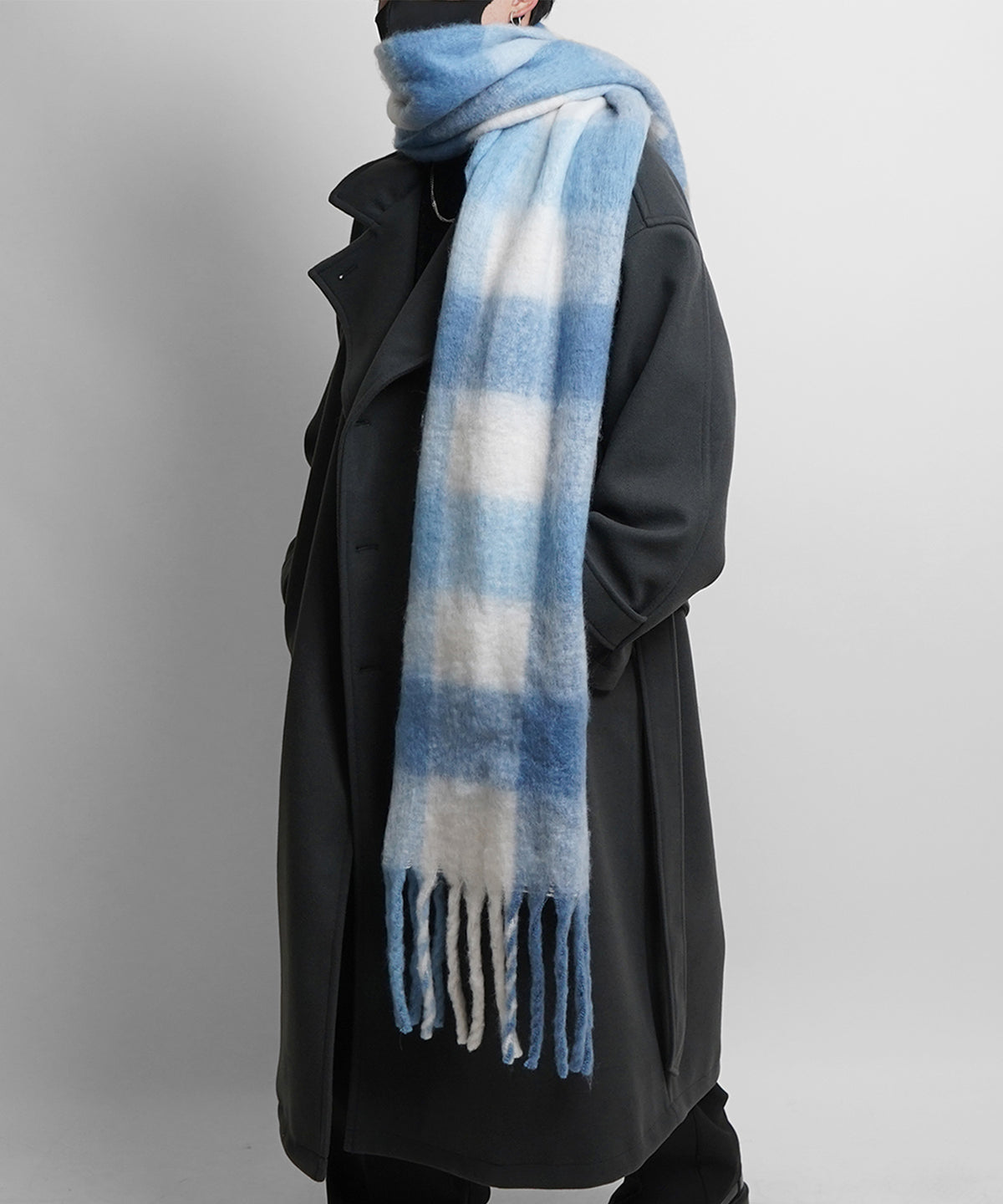 【新色追加】チェック柄 ボリュームフリンジ大判マフラー