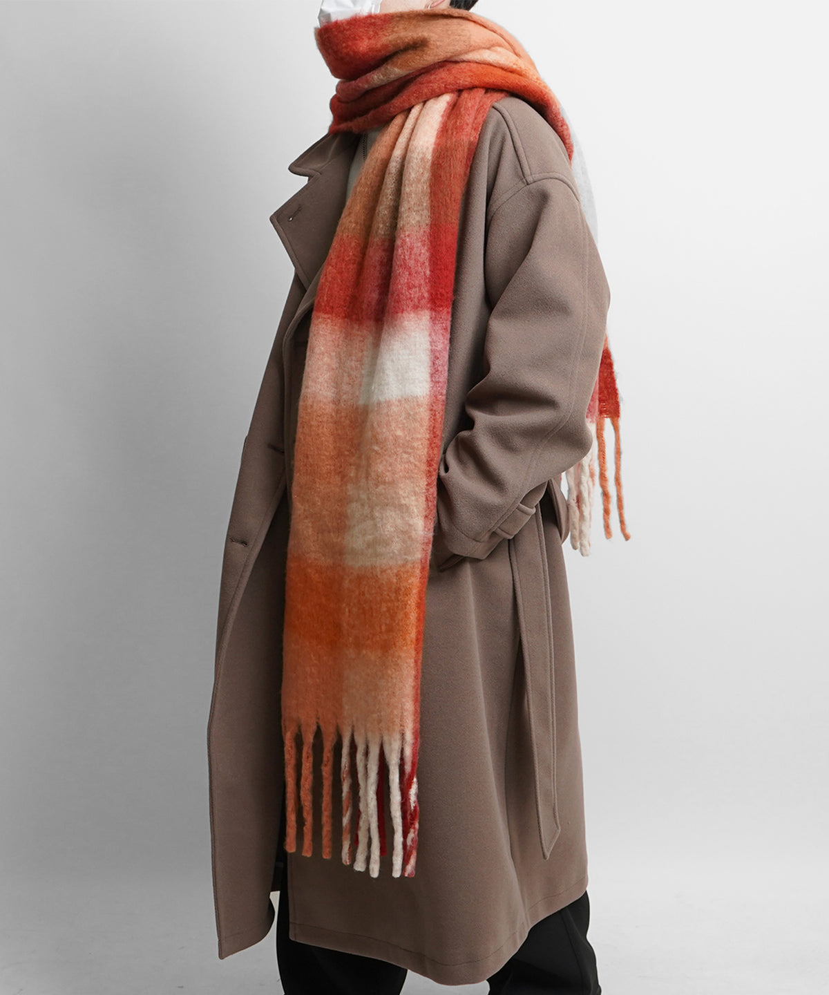 【新色追加】チェック柄 ボリュームフリンジ大判マフラー