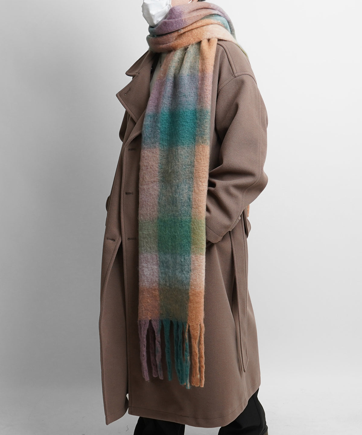 【新色追加】チェック柄 ボリュームフリンジ大判マフラー