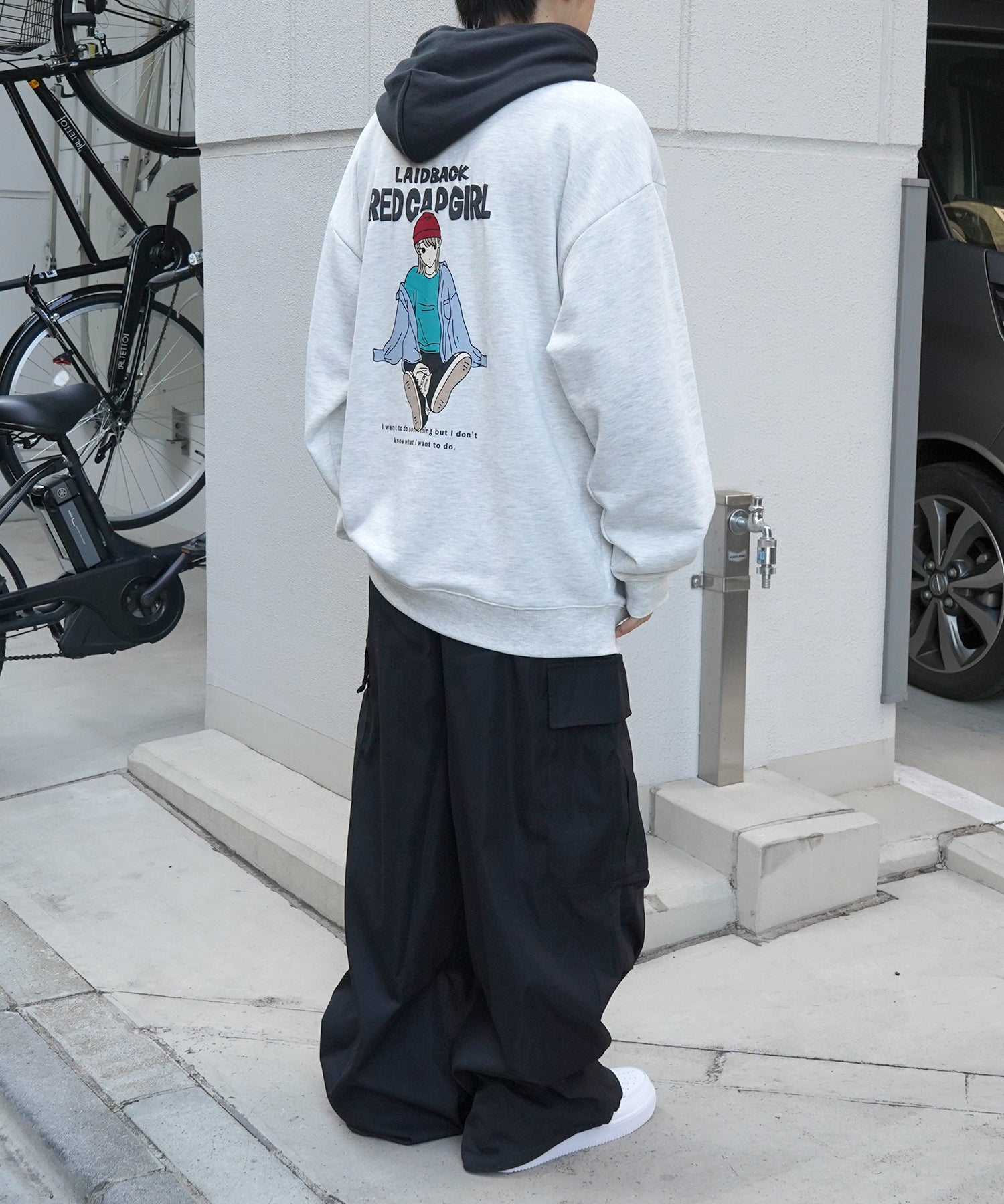 【RED CAP GIRL】24SS ビッグシルエット フロント発泡プリントプルオーバーパーカー