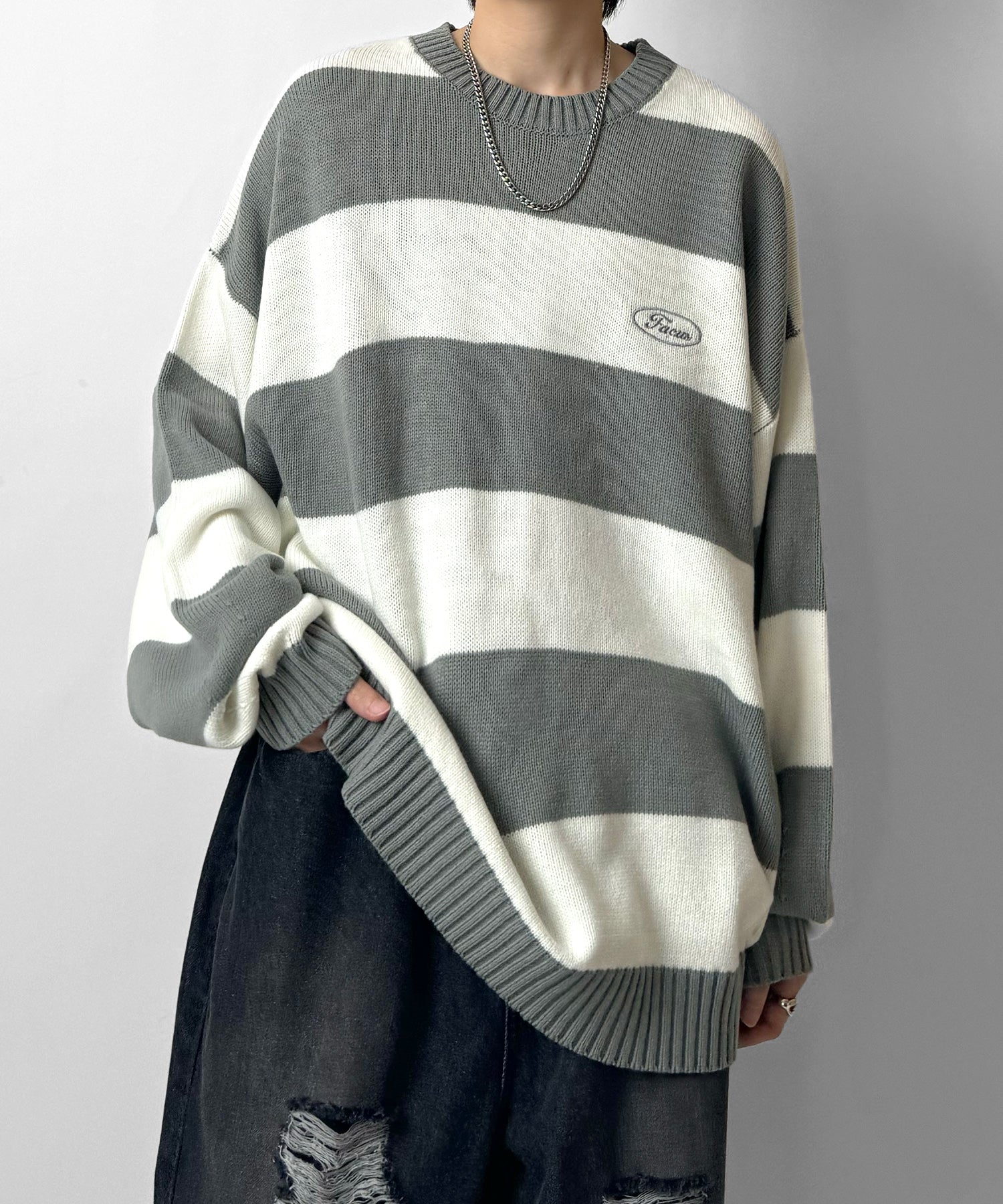 ビッグシルエット ワンポイント刺繍 ボーダーニットプルオーバー