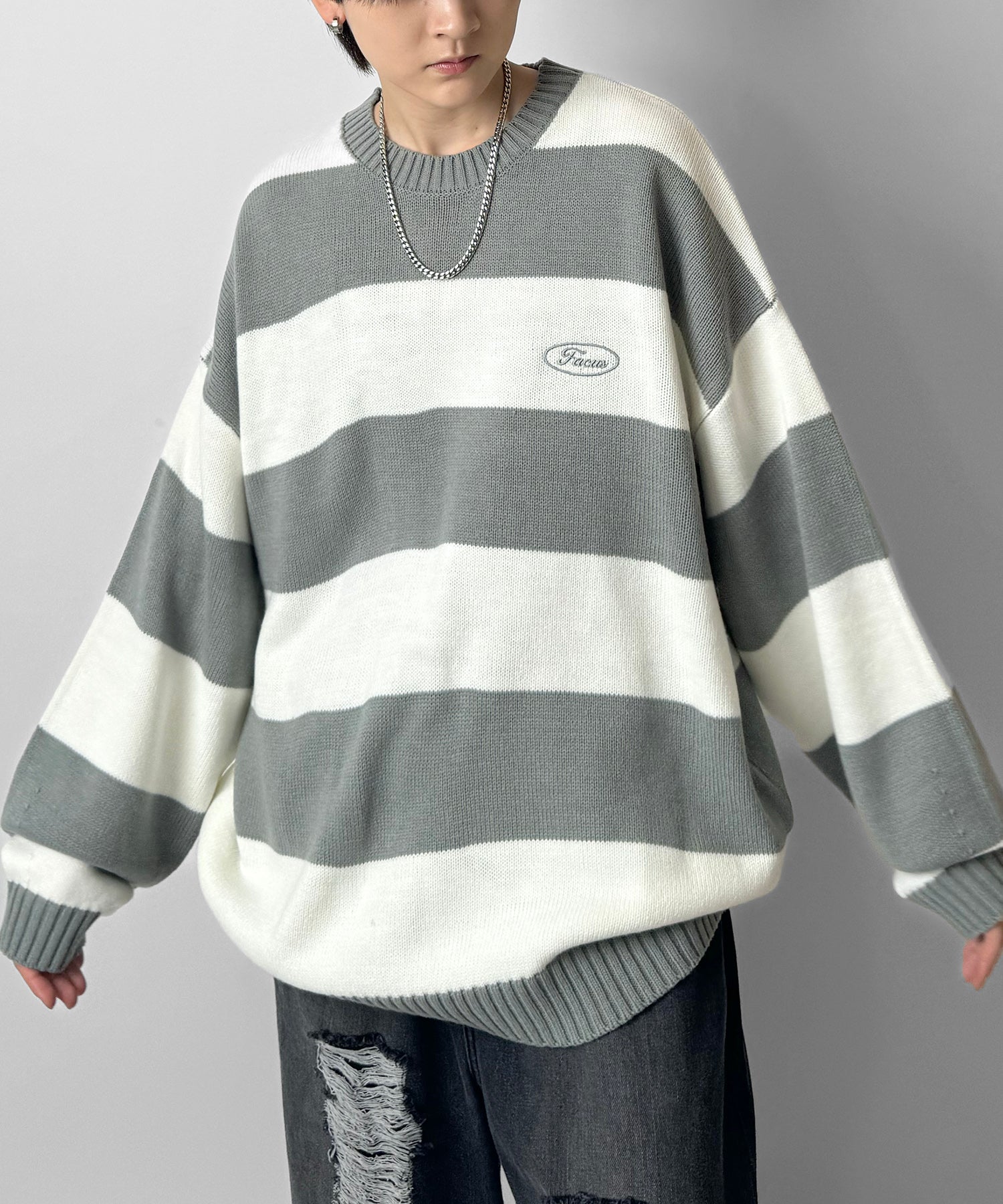 ビッグシルエット ワンポイント刺繍 ボーダーニットプルオーバー