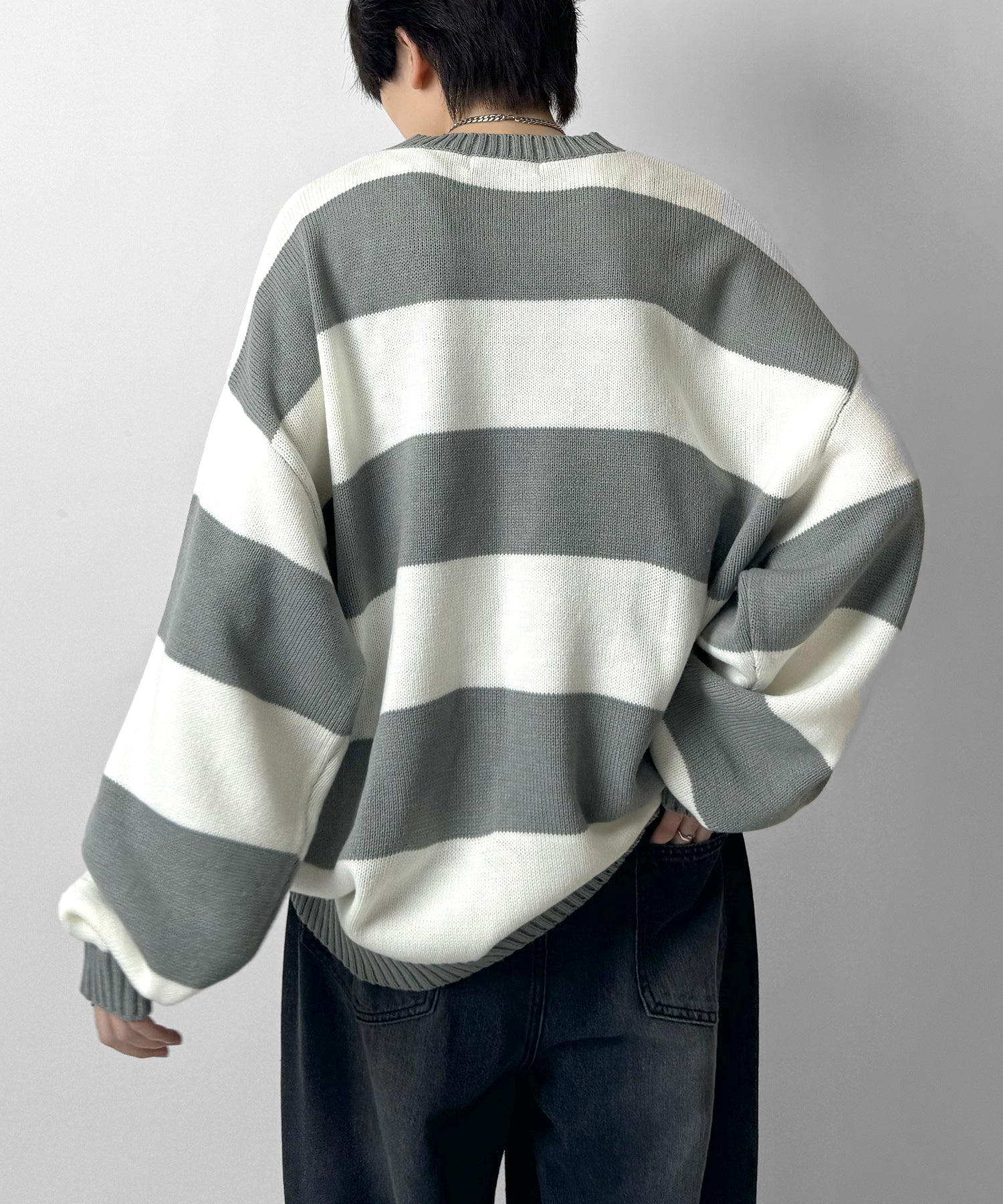 ビッグシルエット ワンポイント刺繍 ボーダーニットプルオーバー