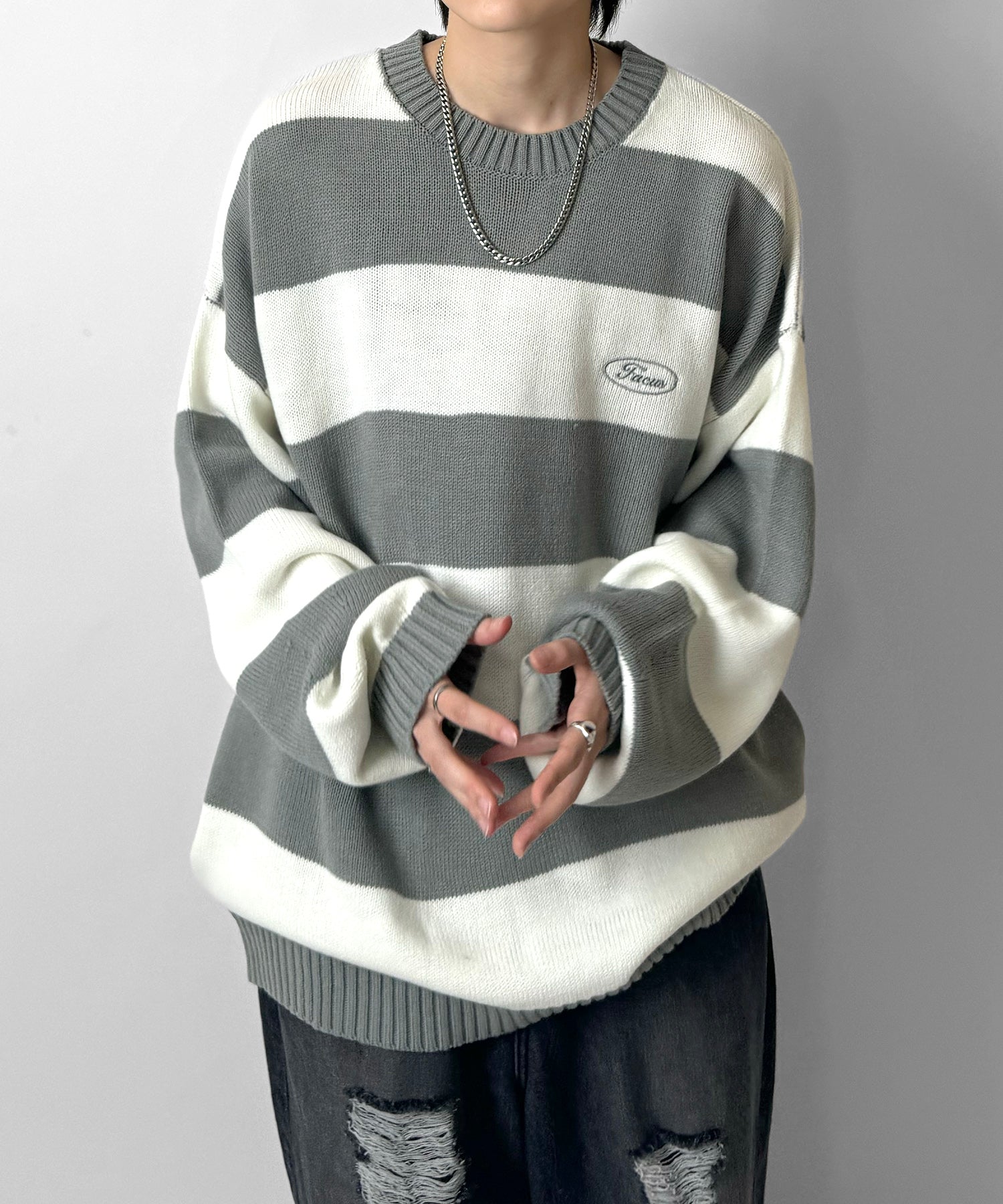 ビッグシルエット ワンポイント刺繍 ボーダーニットプルオーバー