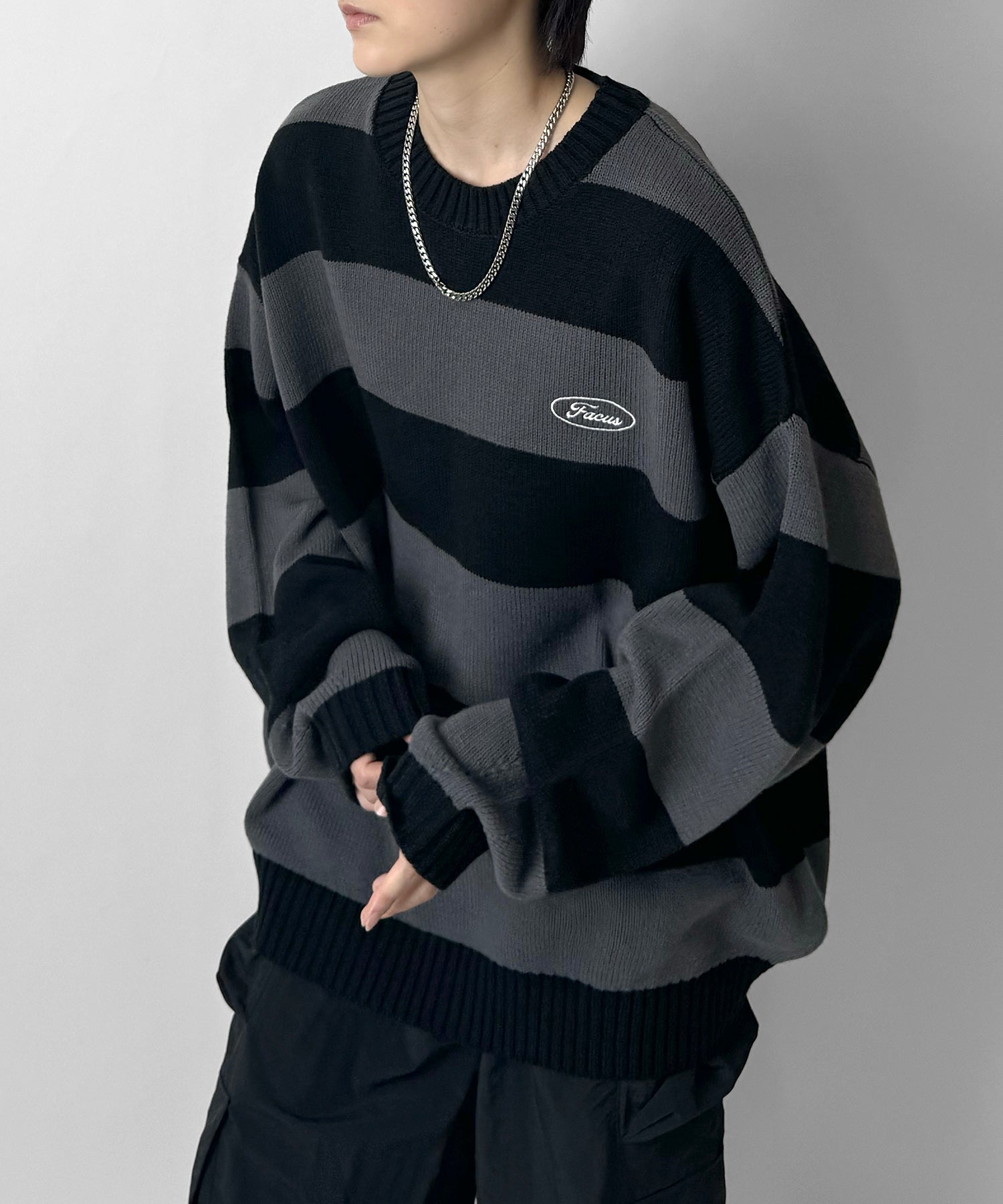 ビッグシルエット ワンポイント刺繍 ボーダーニットプルオーバー
