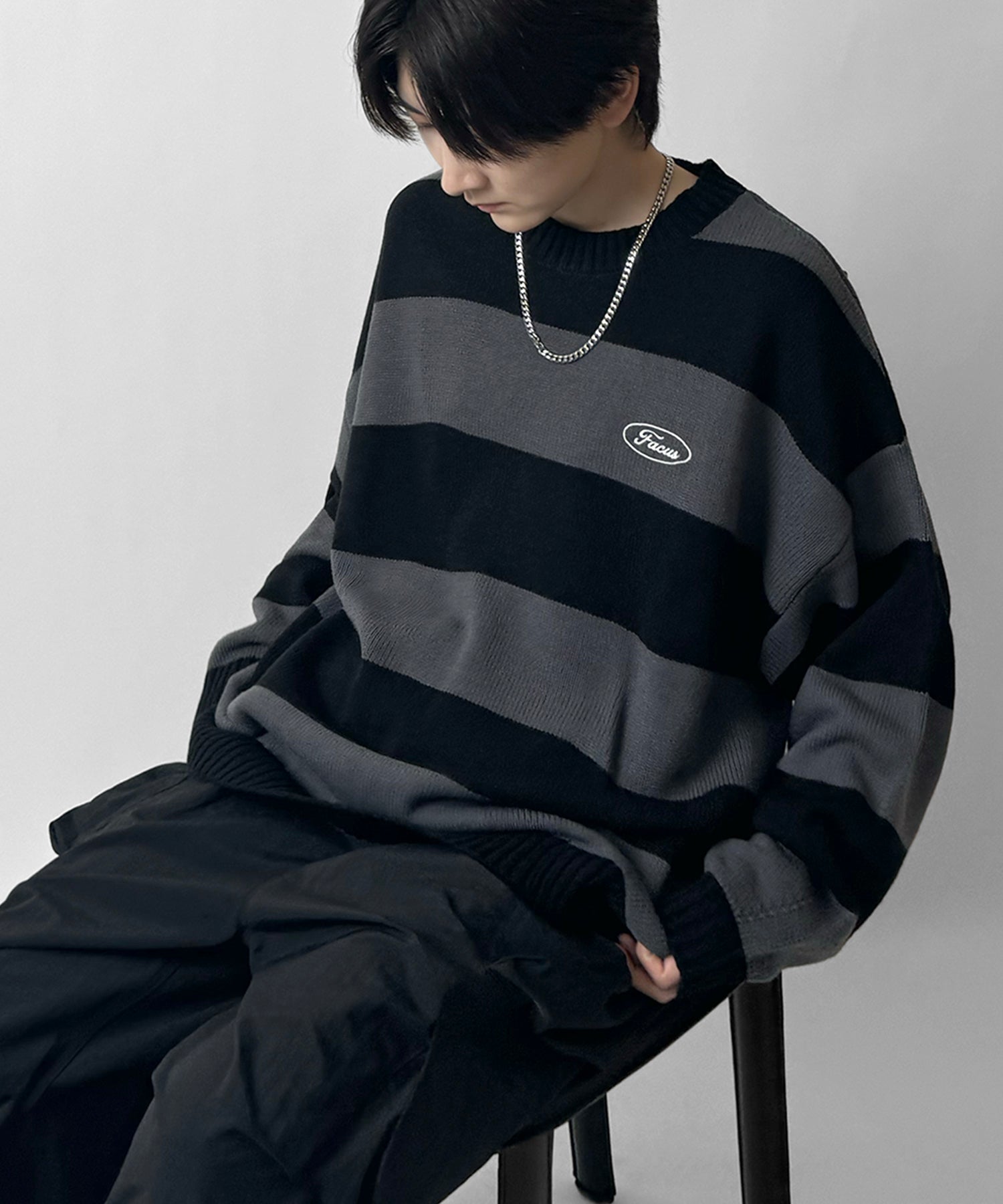 ビッグシルエット ワンポイント刺繍 ボーダーニットプルオーバー