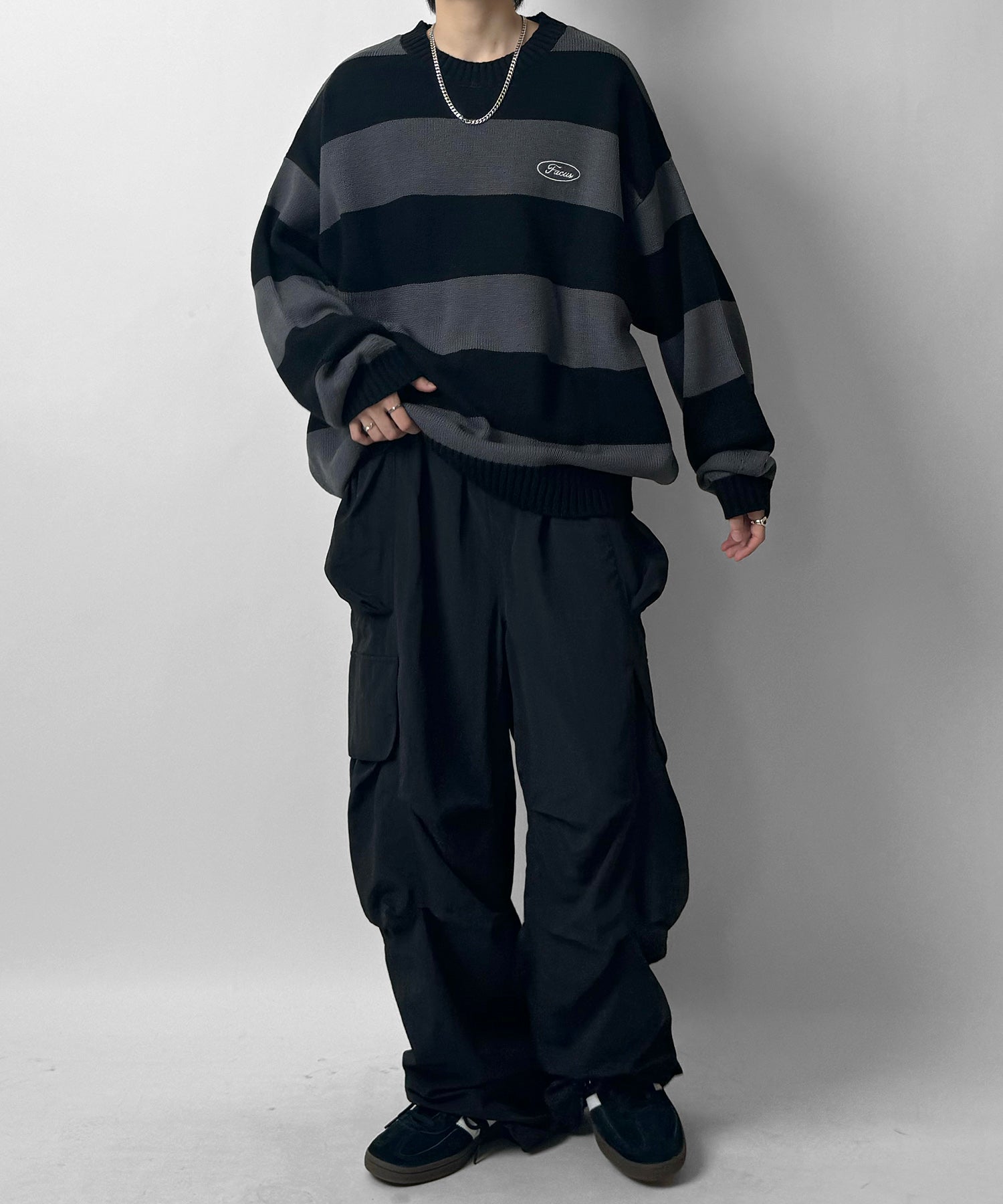 ビッグシルエット ワンポイント刺繍 ボーダーニットプルオーバー