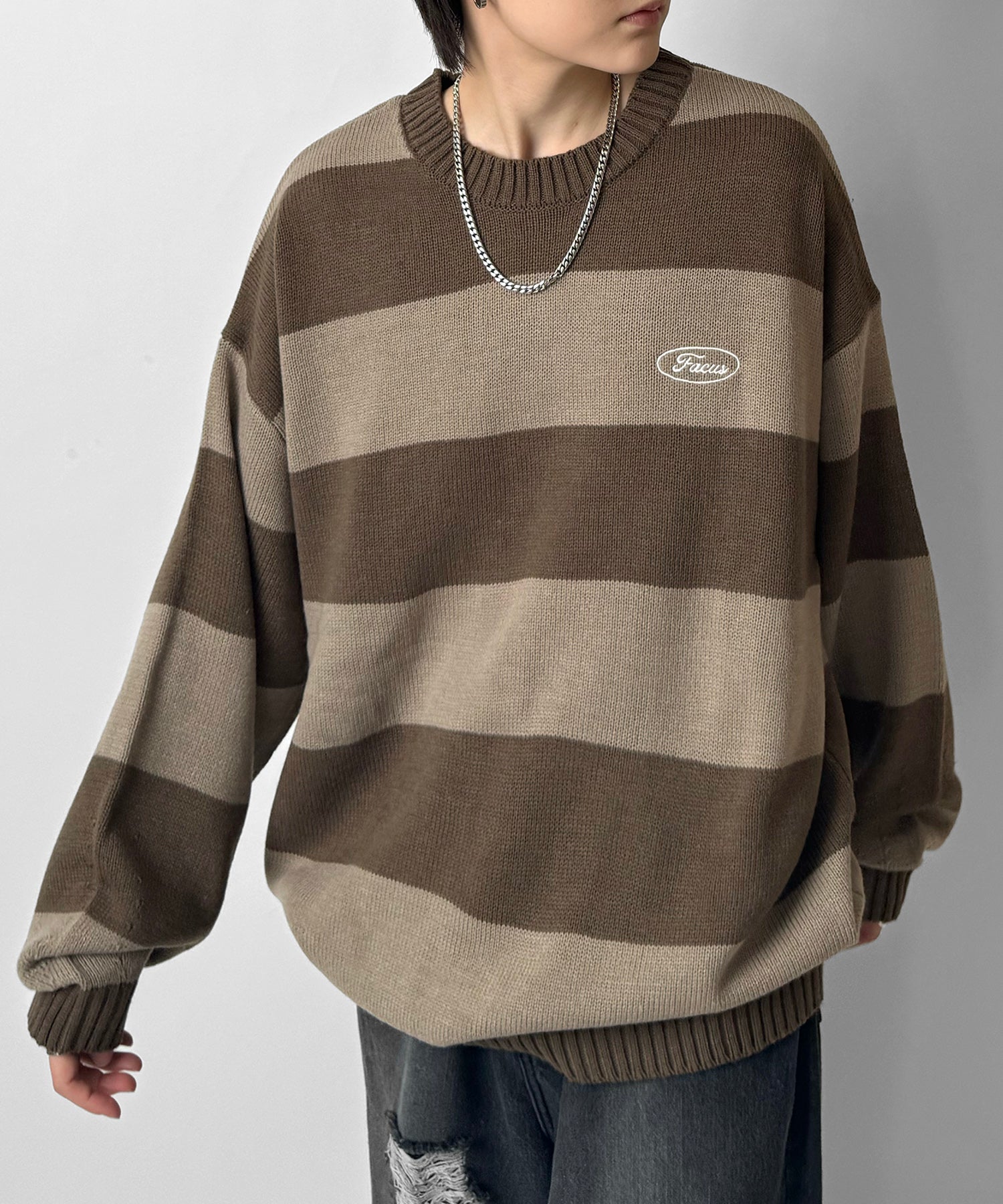 ビッグシルエット ワンポイント刺繍 ボーダーニットプルオーバー